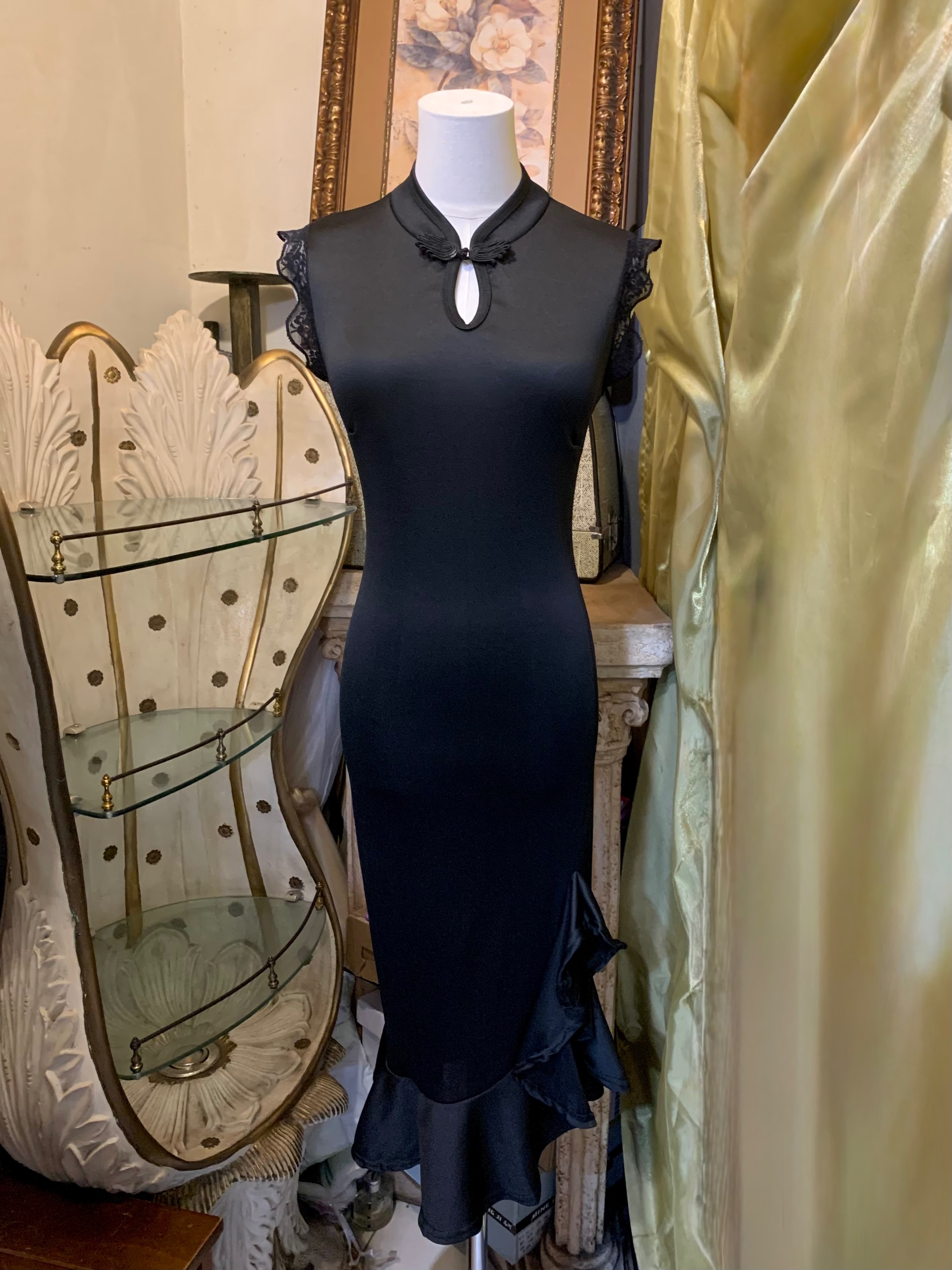 黑色蕾絲袖魚尾長旗袍洋裝 升級版