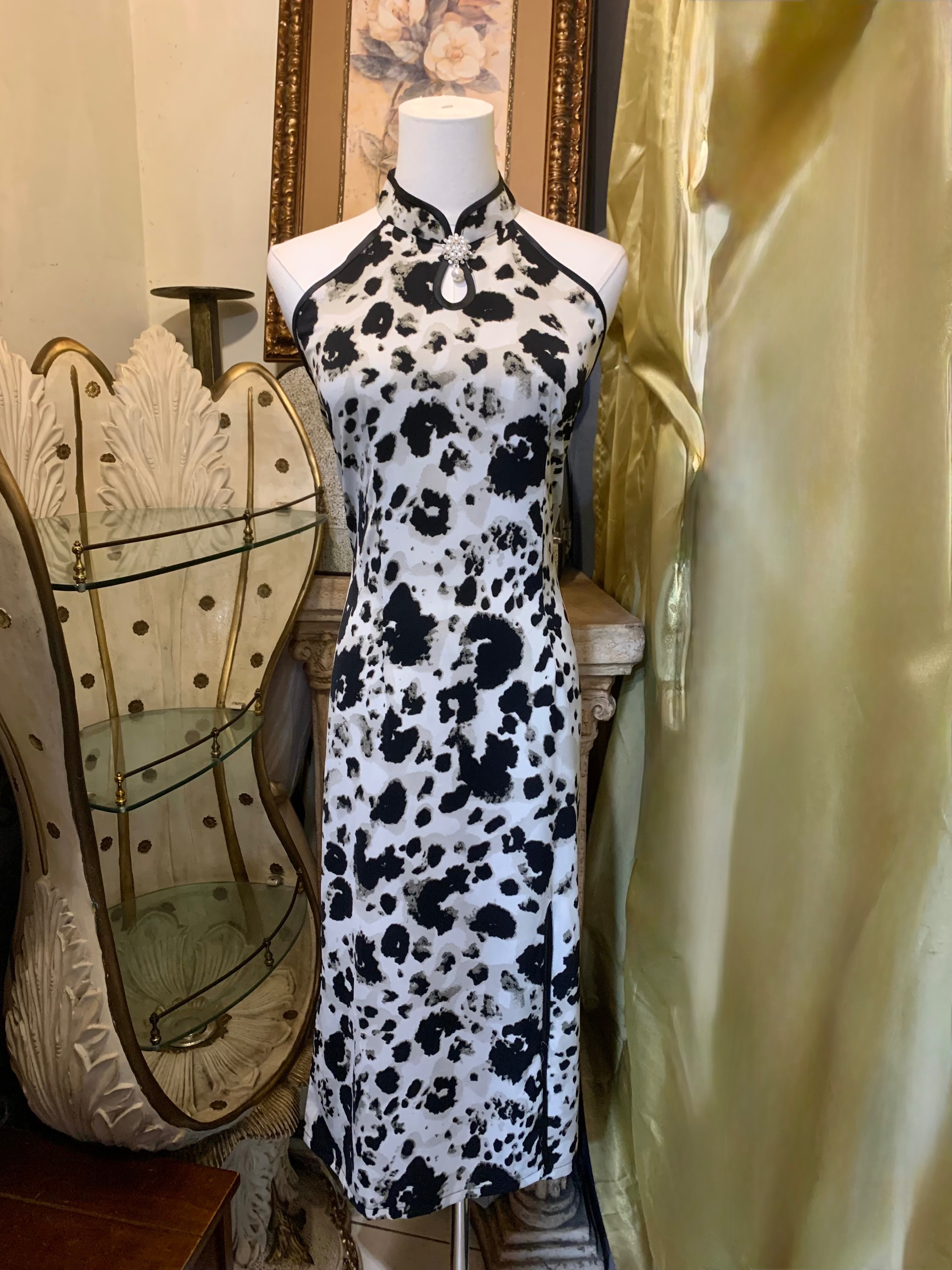 大尺碼 喬其紗豹紋削肩旗袍洋裝