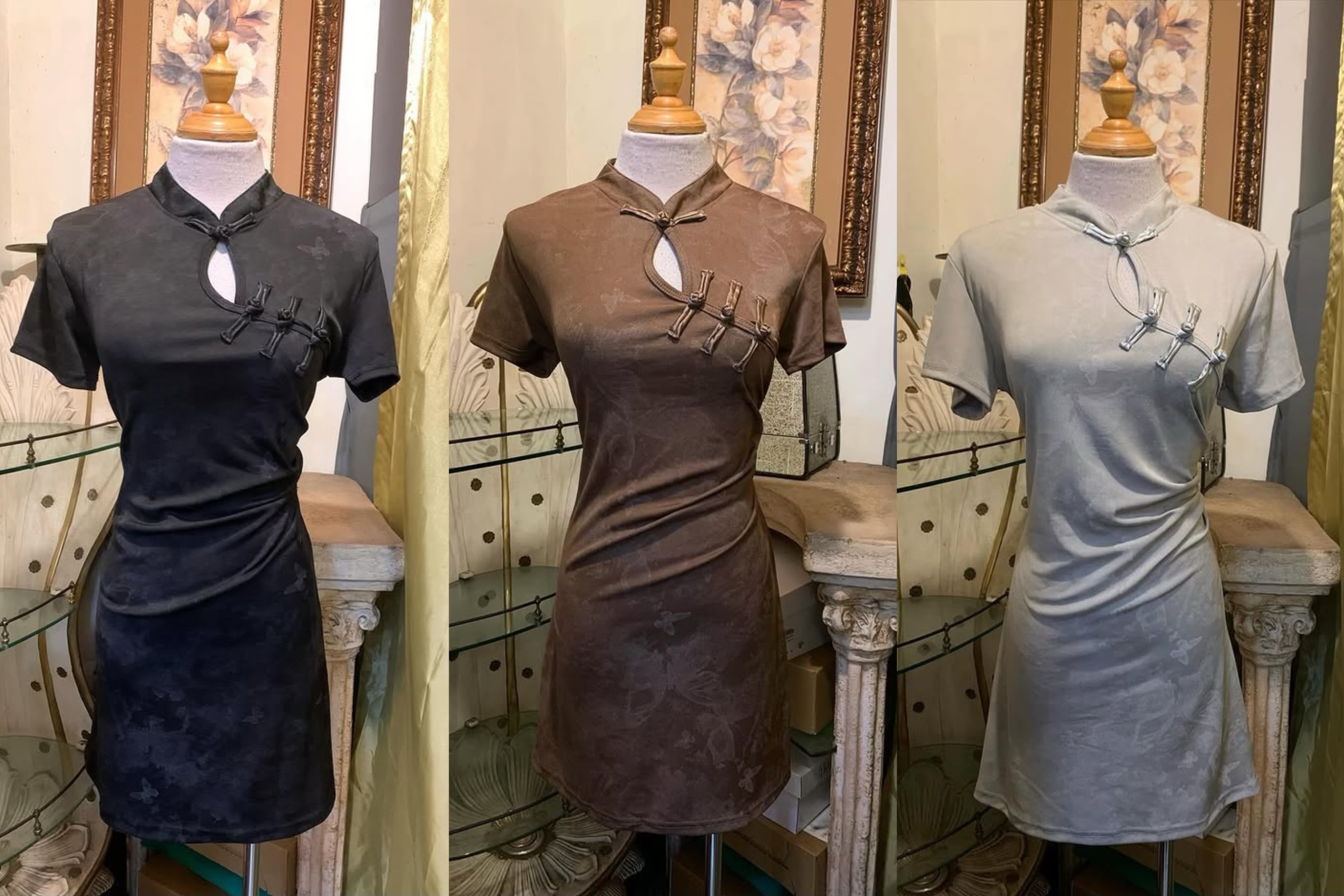 蝴蝶仿水洗旗袍短洋裝