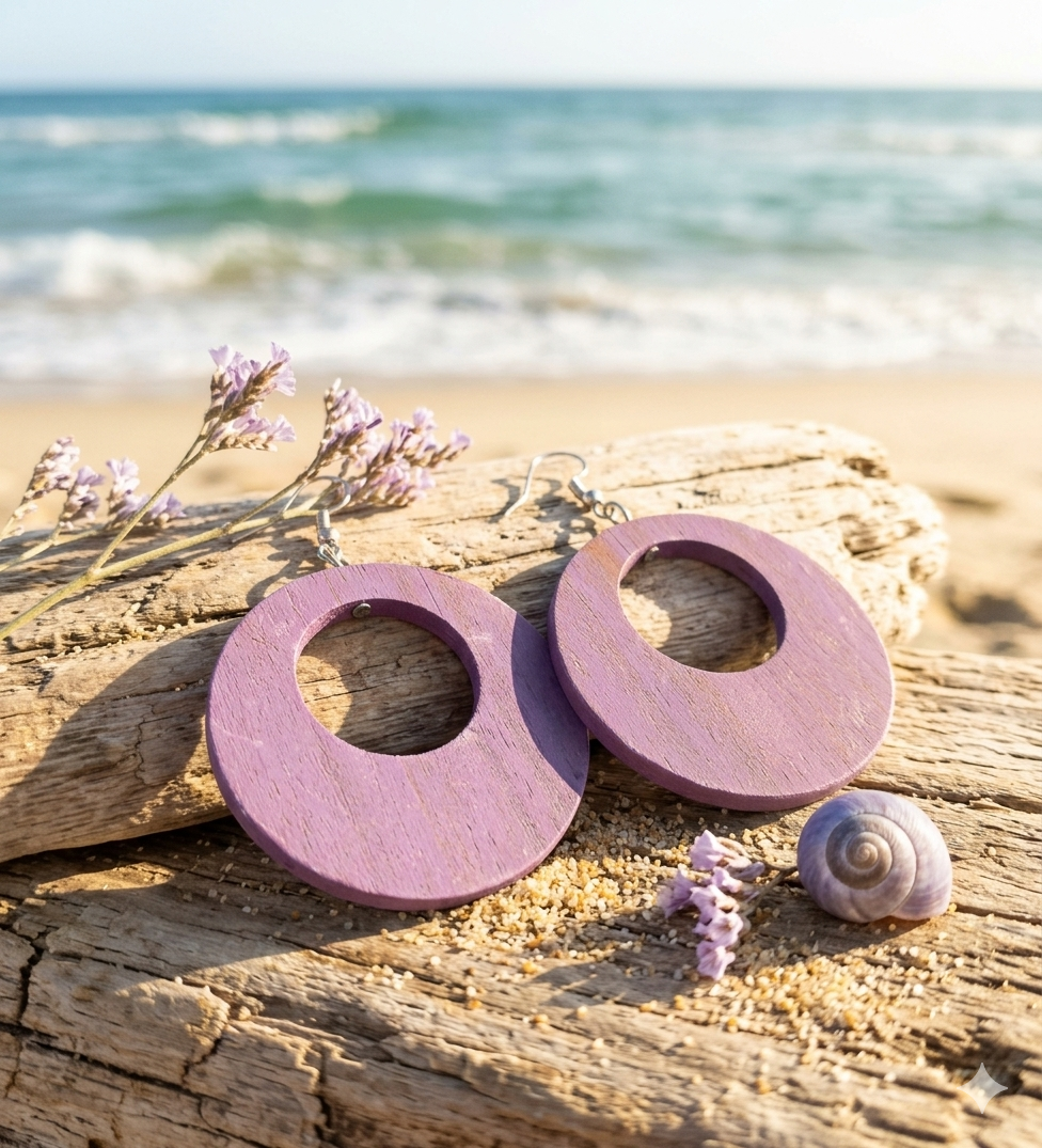 圓形木質耳環，附圓形鏤空 ~ Round Wooden Earrings with Circular Cut-out