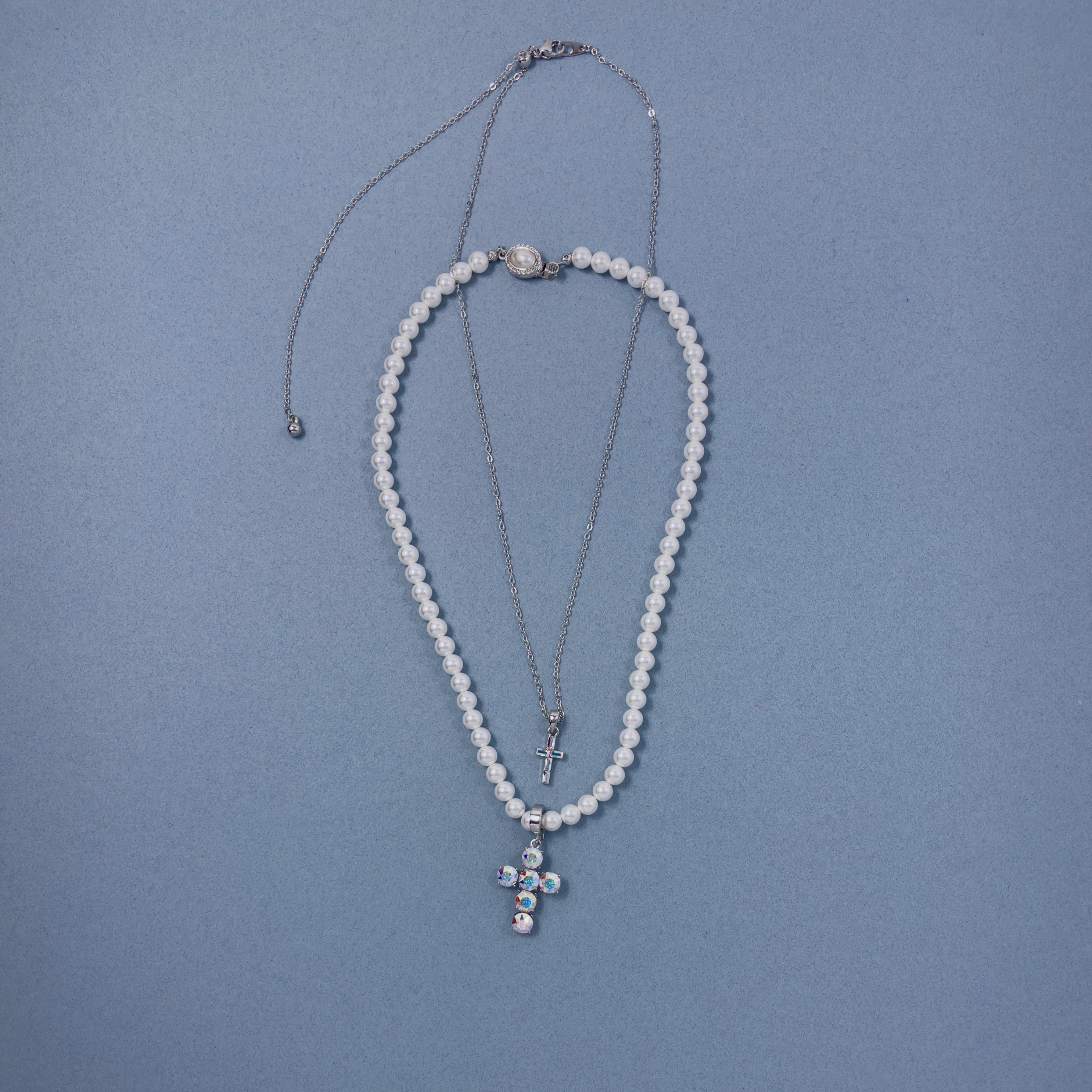 path｜珍珠極光十字架銀鍊 兩件組