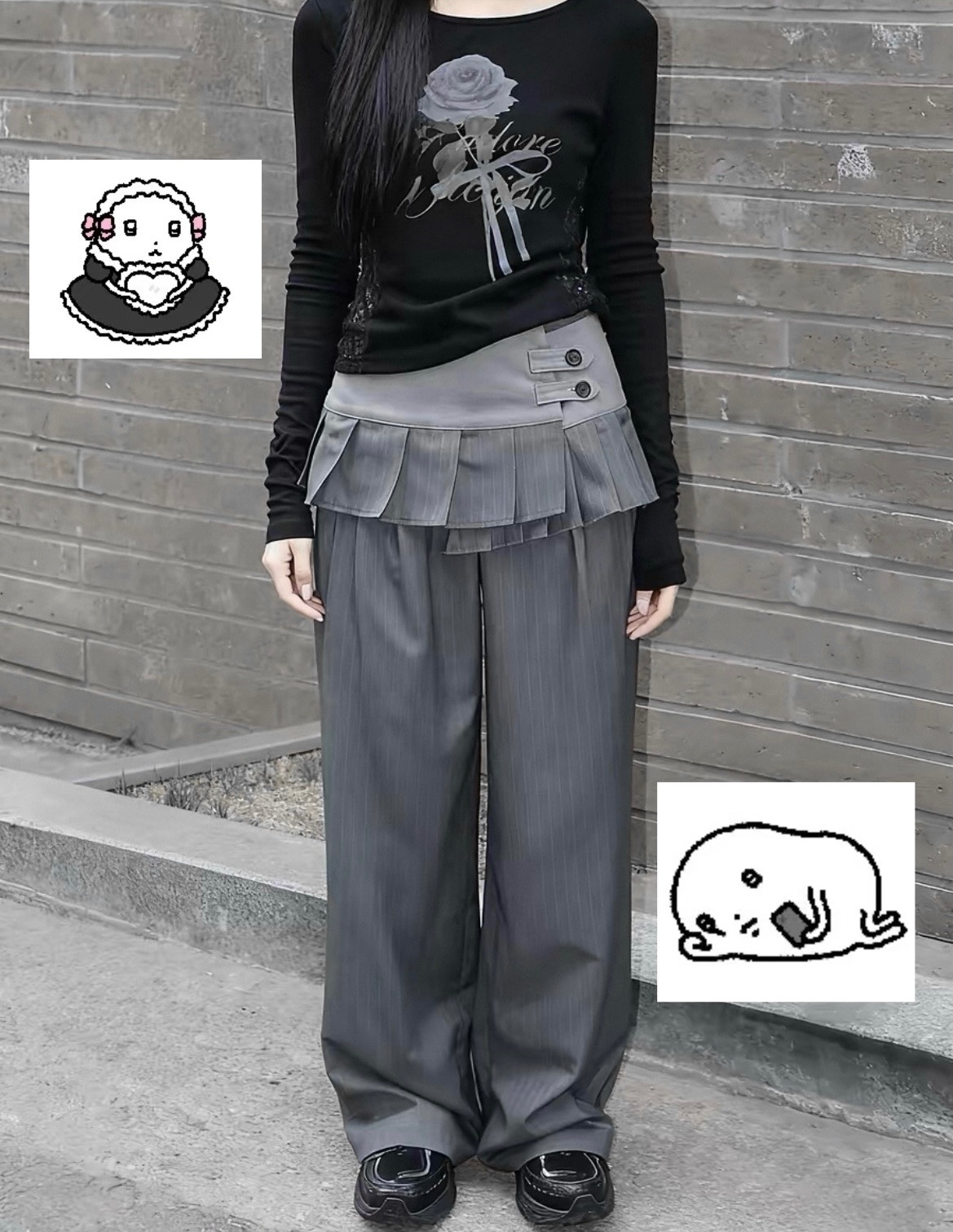 （^з^）-☆ 灰色西裝褲疊穿百褶裙兩件套 🩶