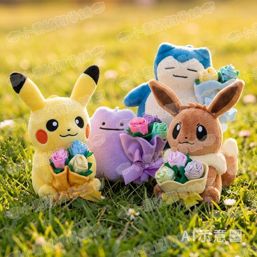 韓國正版授權神奇寶貝 精靈寶可夢Pokemon 百變怪 皮卡丘 卡比獸 伊布 花束 慶祝 玩偶 娃娃 吊飾 13公分高