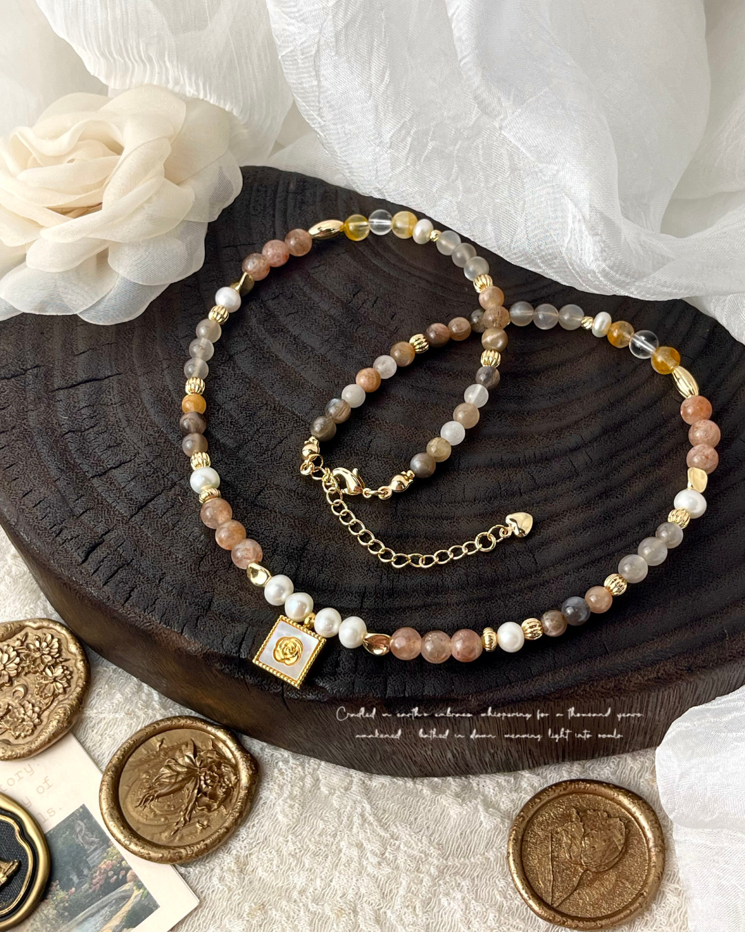 【秋曳・風羽】天然石手工項鍊丨彩兔毛・阿魯沙・14K 包金