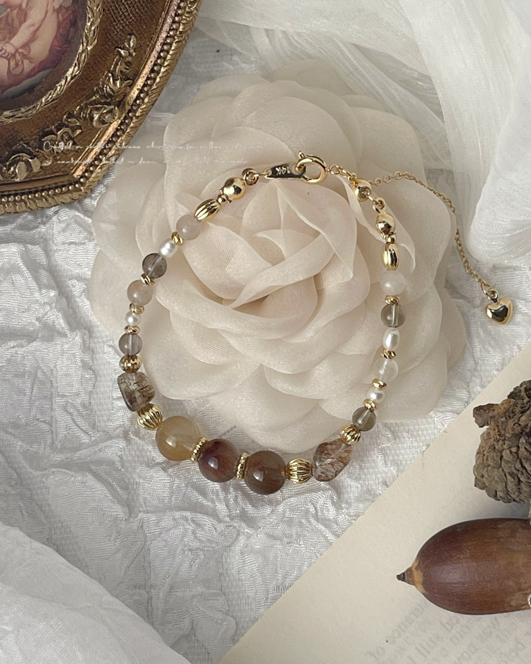 【秋曳・葉楓】秋日煦光丨銅鈦晶 茶晶 珍珠手鍊 （14K包金）