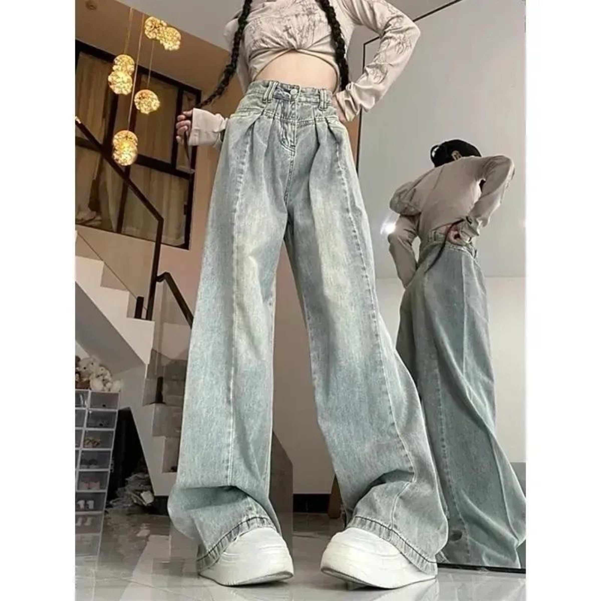 復古設計 做舊 闊腿直筒拖地褲