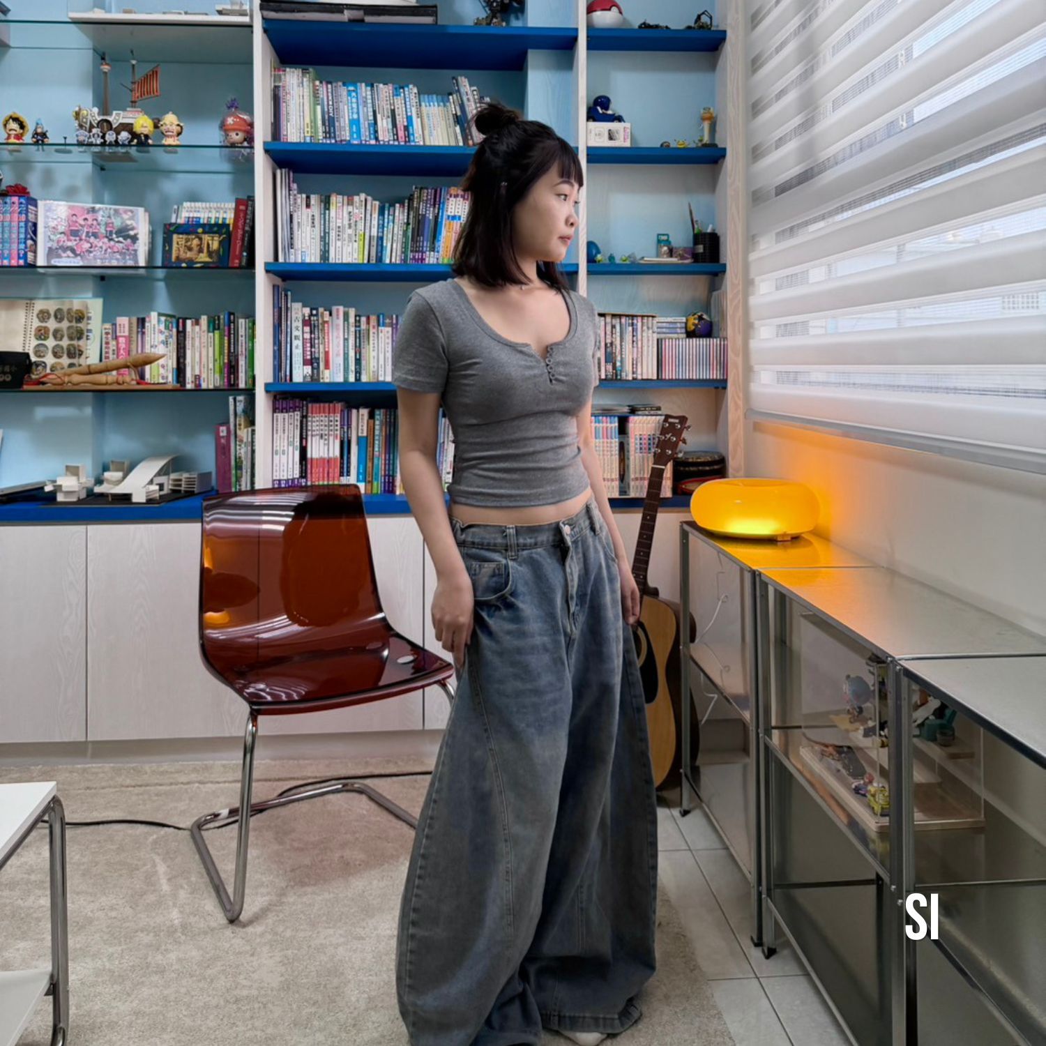 美式辣妹 半開領正肩短 T｜性感緊身收腰短版上衣｜Si studio Girls