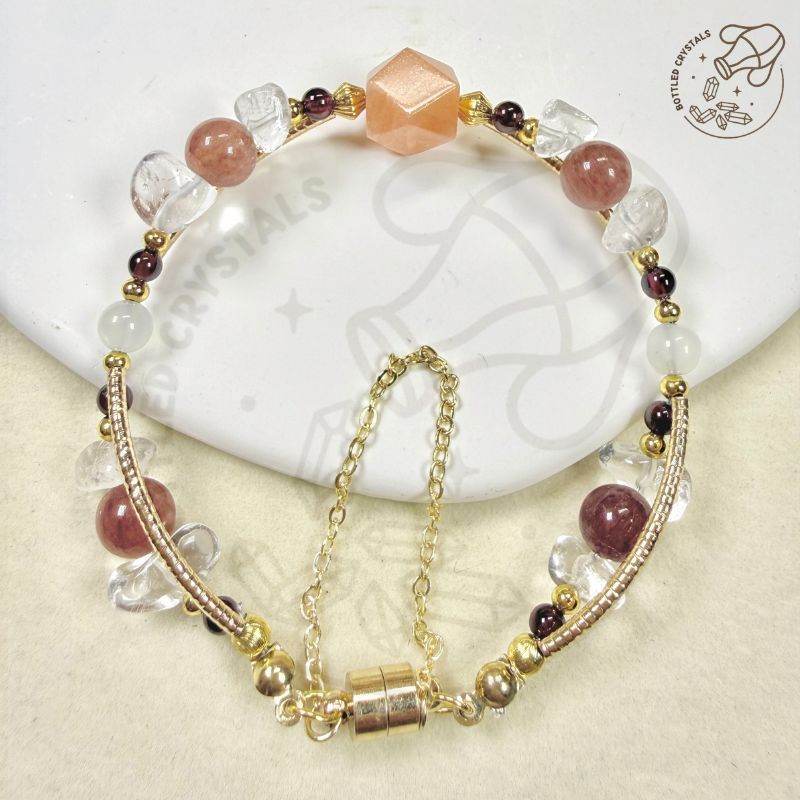 橙月光 × 草莓晶手鍊｜磁吸扣設計｜白月光・紅石榴