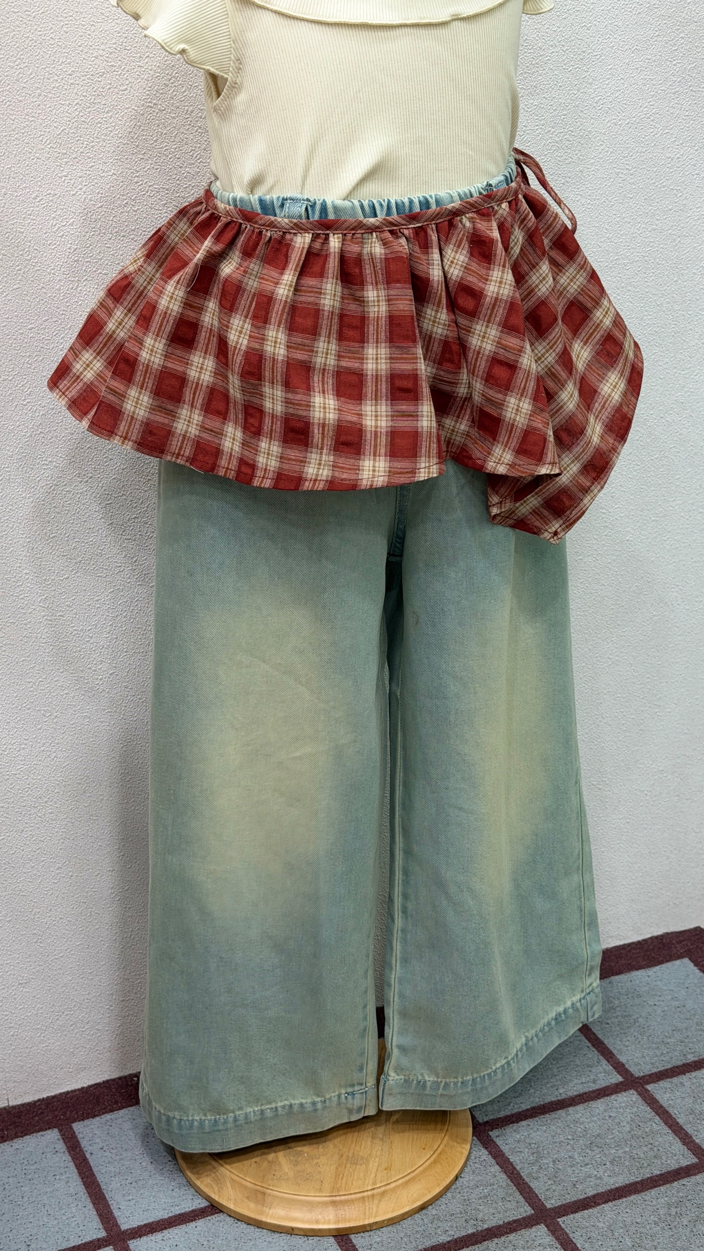 紅格子復古寬褲