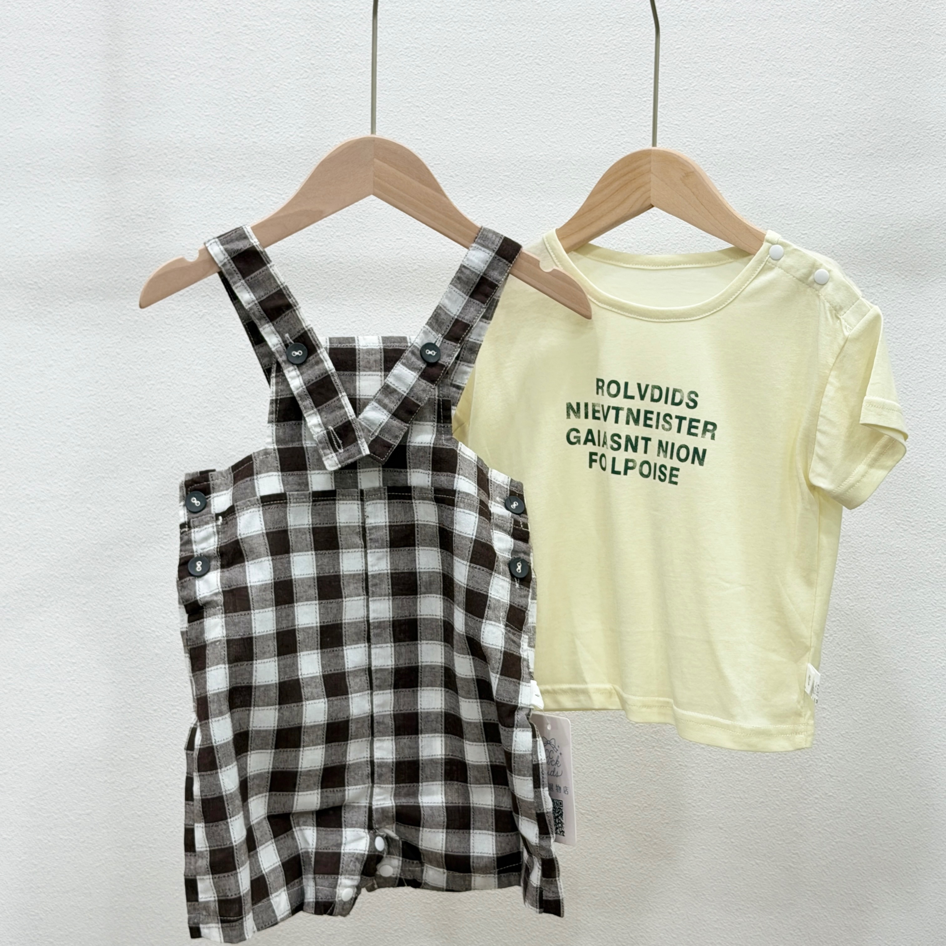 格子吊帶褲 套裝