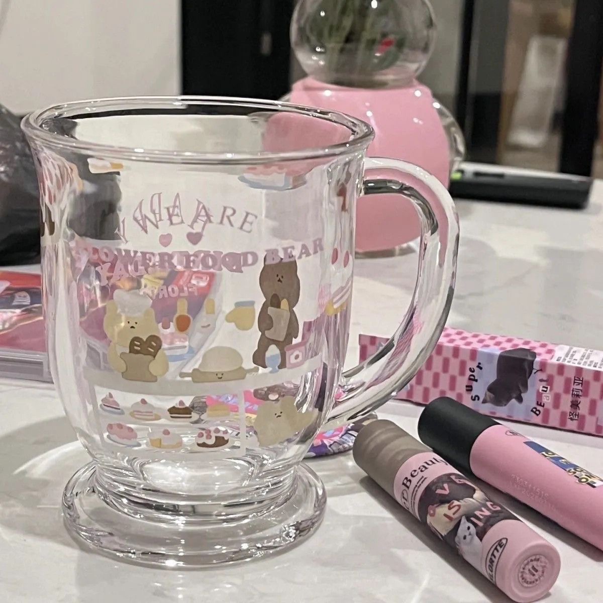 ✮𓂂⋆10.˚⋆⑅蛋糕店小熊玻璃杯（附櫻花勺）