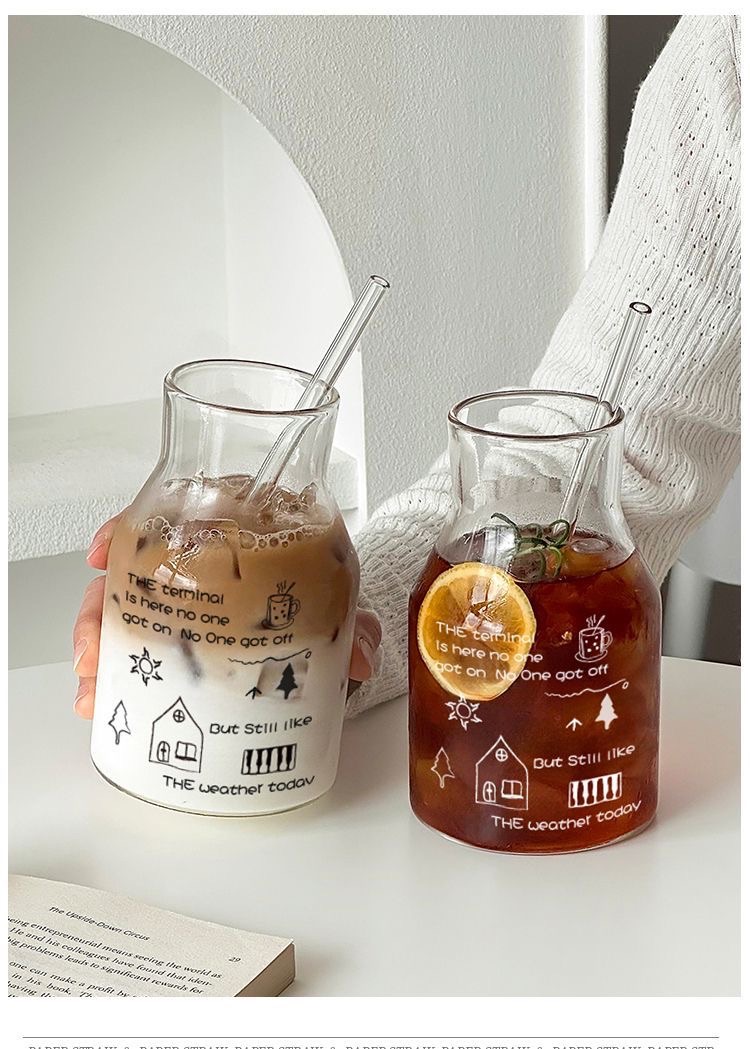 ✮𓂂⋆10.˚⋆ ins塗鴉家用大容量玻璃杯（附吸管）（承熱0-80度）