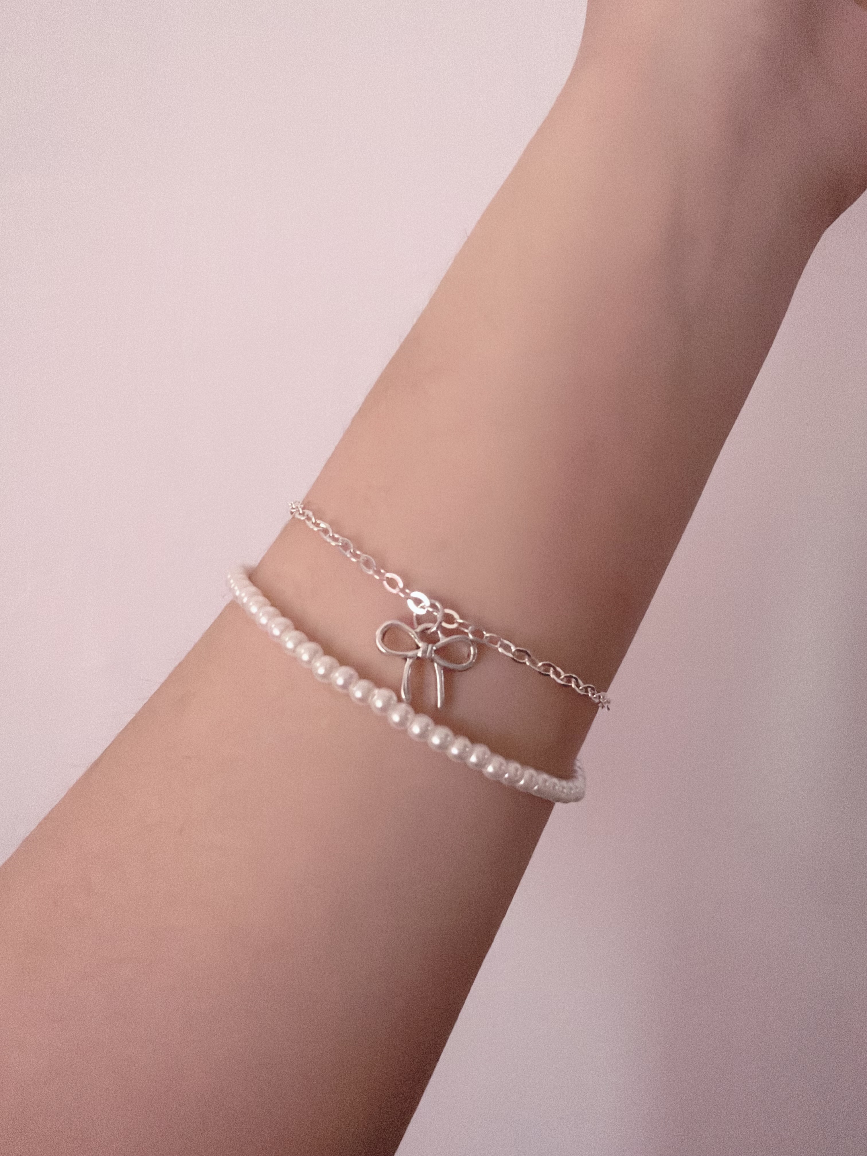 𝟵𝟮𝟱純銀｜蝴蝶結珍珠雙層手鍊