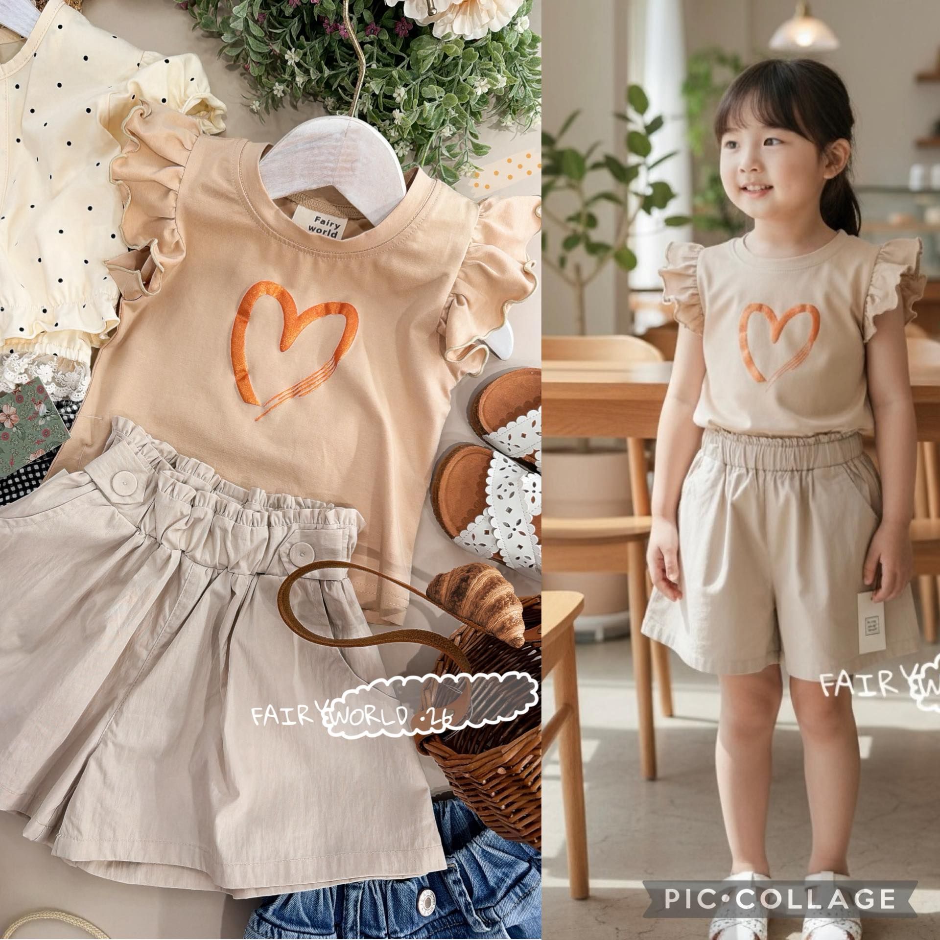 【THE OURS】Fairy world杏色女童愛心T，荷葉花邊袖，夏季女童童裝