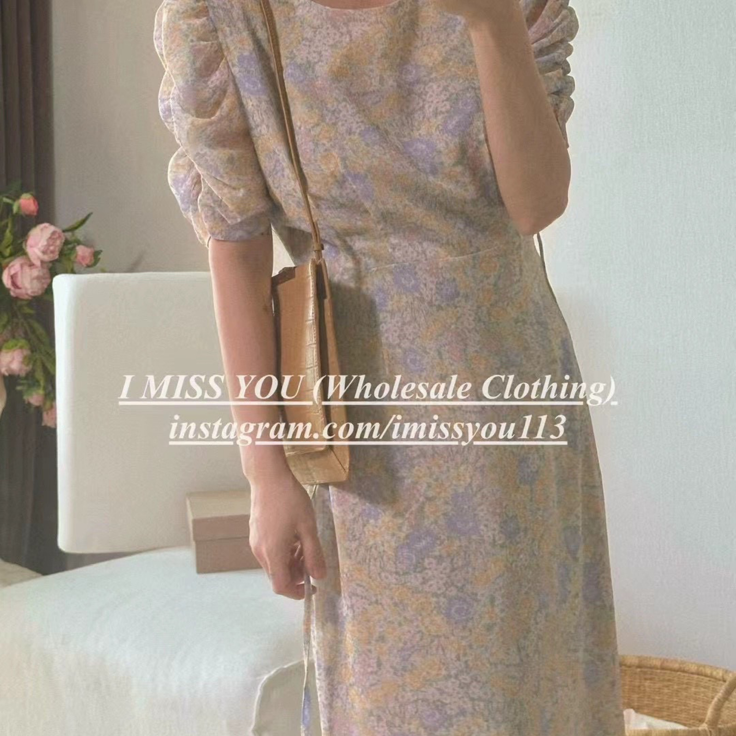 26/5  i miss you溫柔田園風捏褶泡泡袖碎花連衣裙  #D