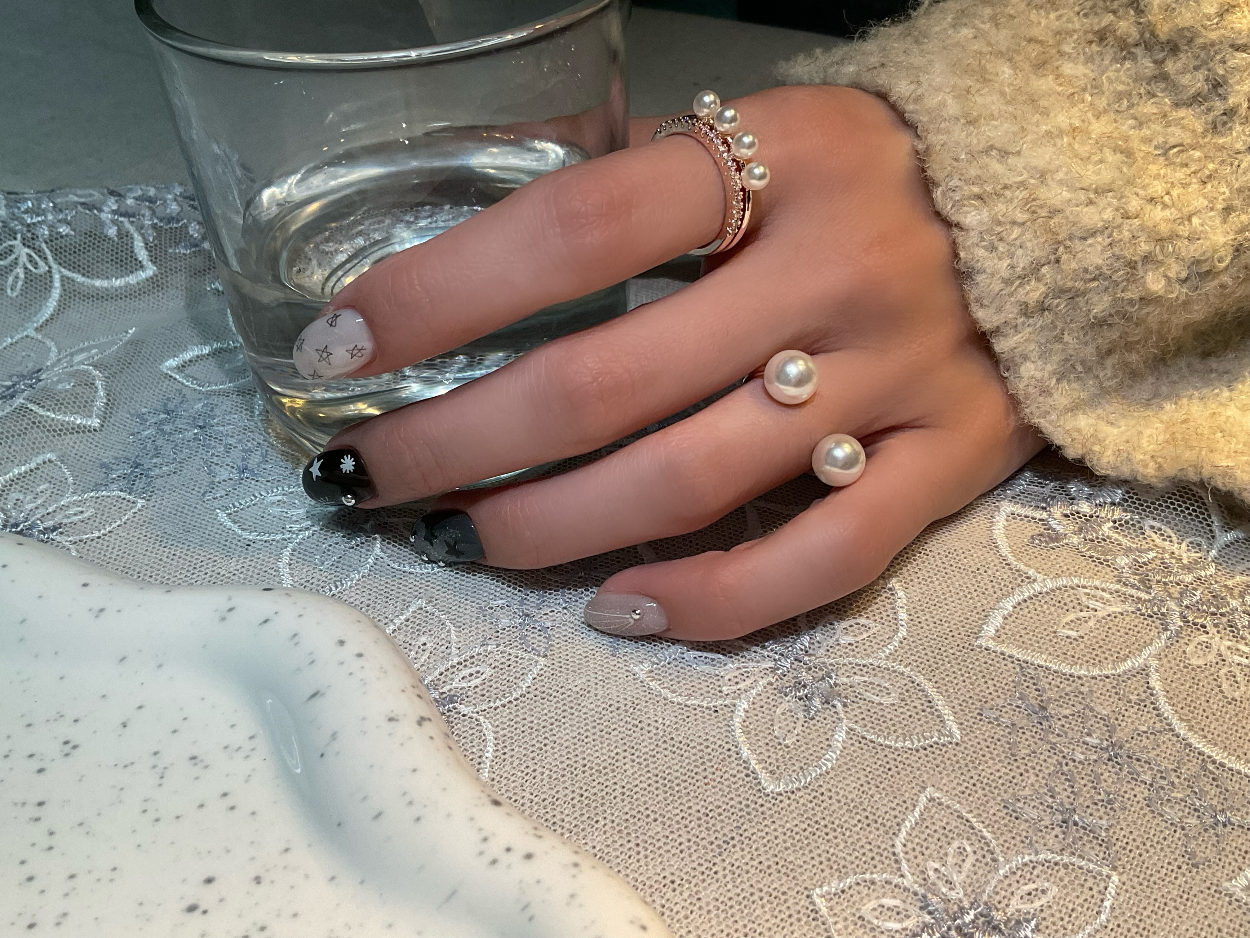 玫瑰珍珠戒指（1組2入）