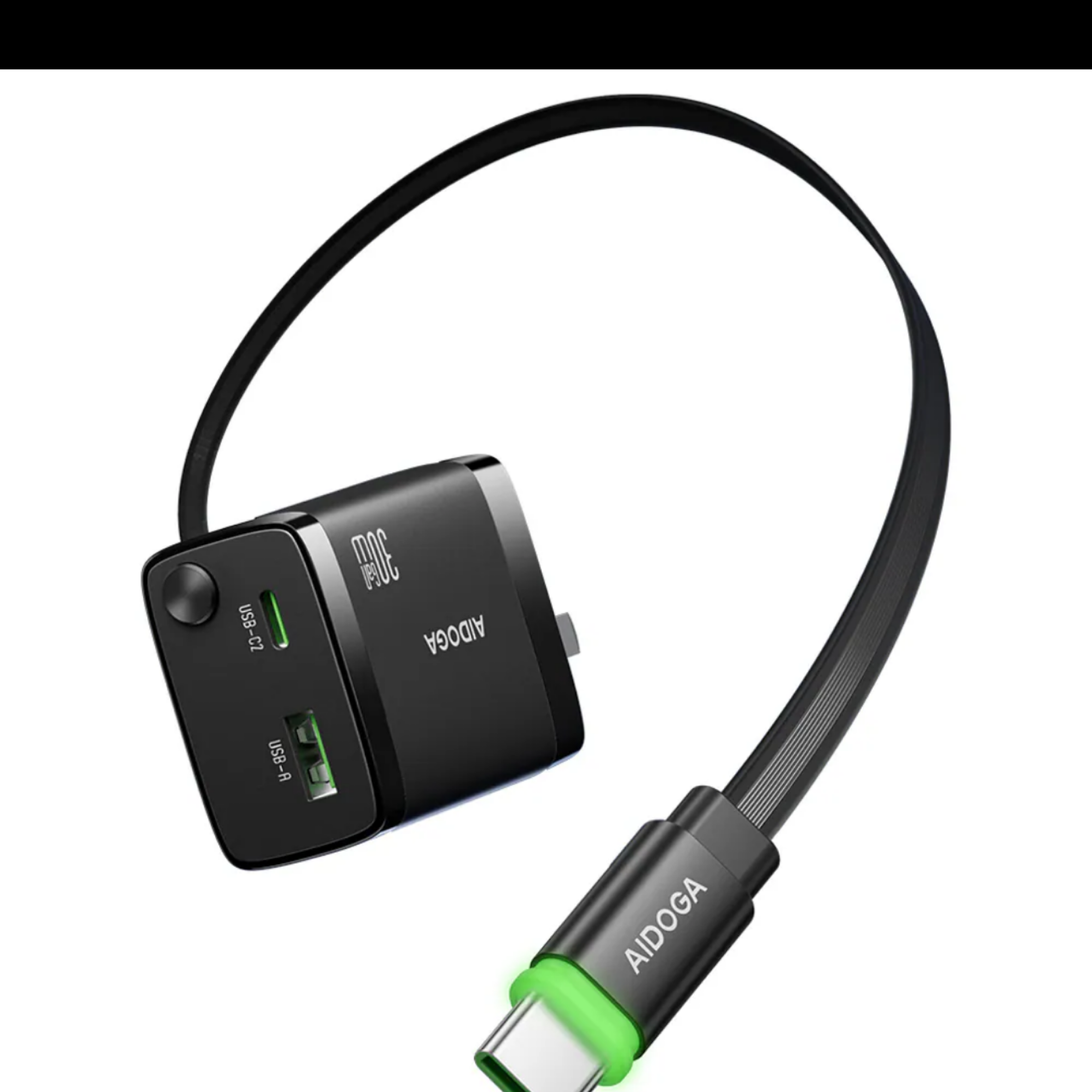 AIDOGA 艾迪伽 雙孔 GaN氮化鎵充電器 30W快充 Type-C伸縮收納充電線 PD/QC USB 智連系列