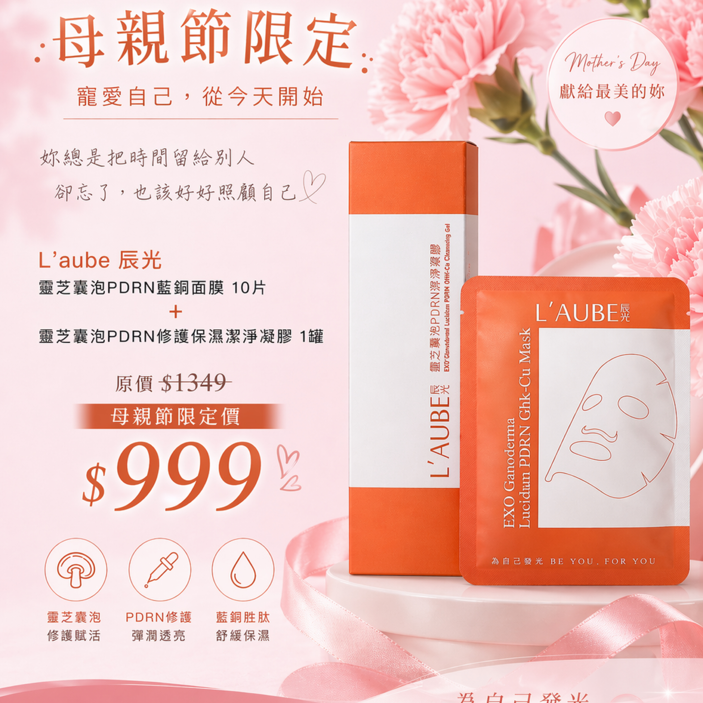 母親節限定組✨靈芝囊泡PDRN藍銅面膜 10片+ L靈芝囊泡PDRN修護保濕潔凈凝膠1罐