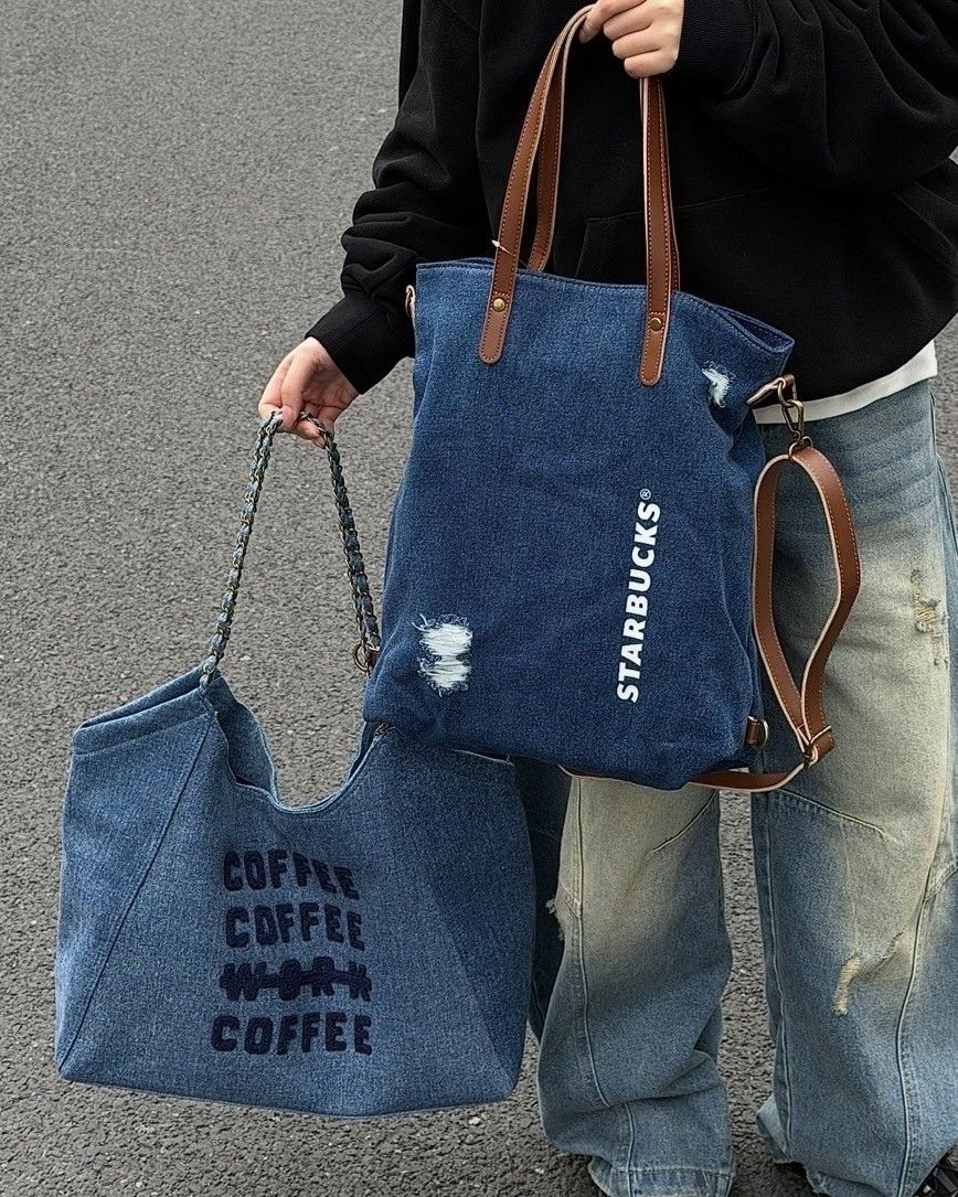 預購 Starbucks 星巴克 COFFEE WORK 韓系 丹寧藍 牛仔藍 鏈條 大容量托特包 雙肩後背包