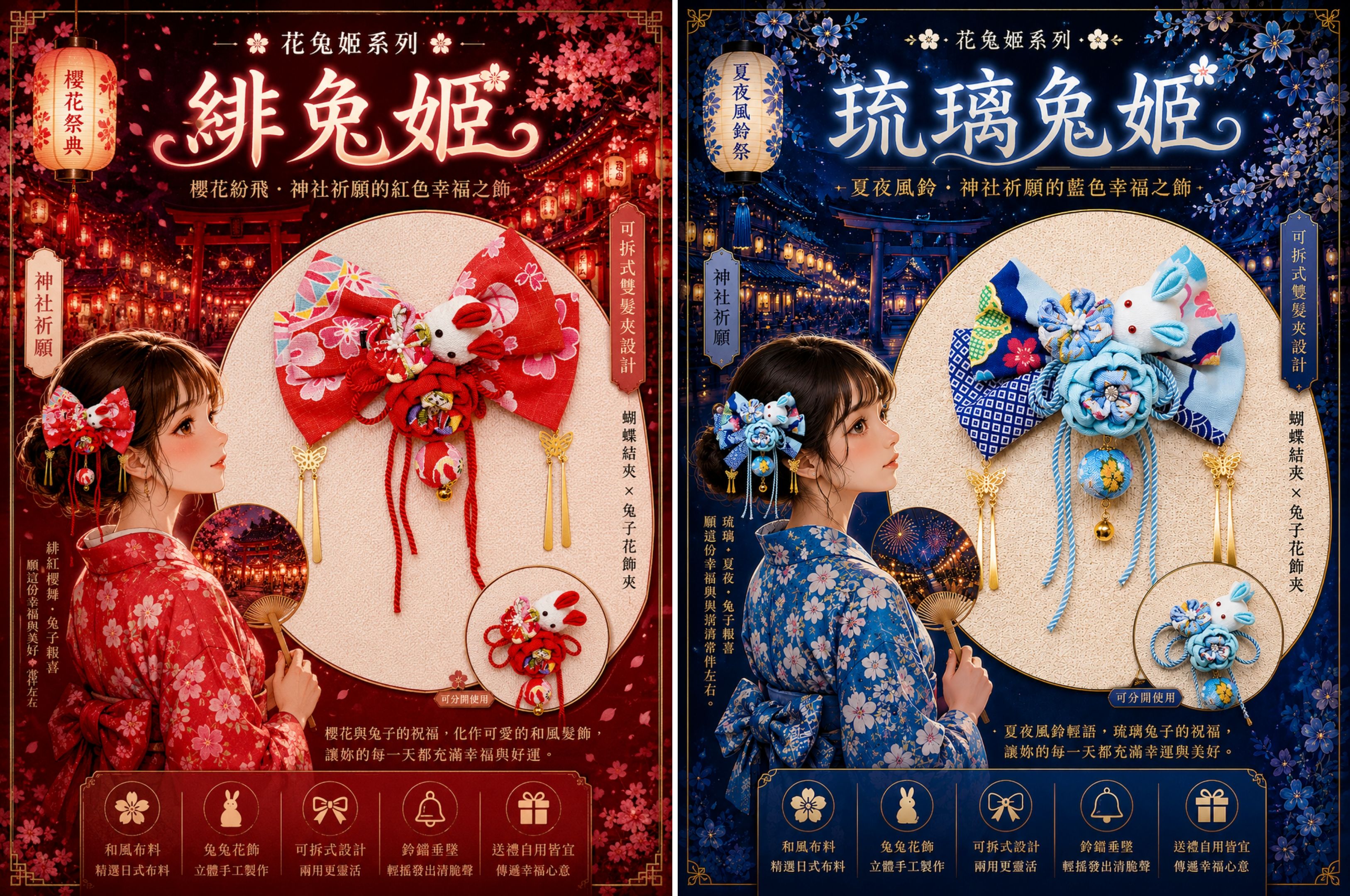 花兔姬和風組合式蝴蝶結髮夾