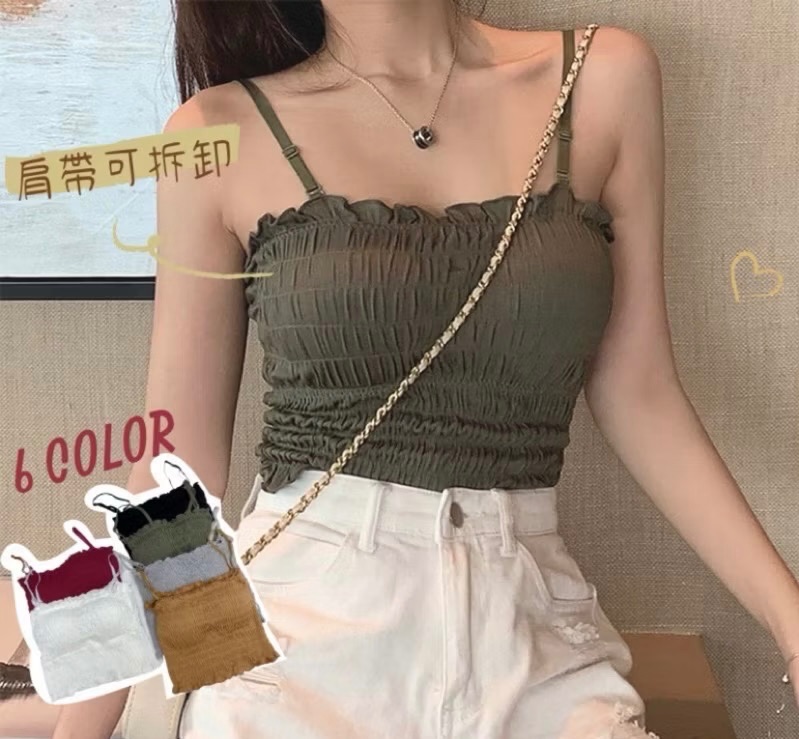 女裝 有胸墊肩帶可拆百搭木耳花邊皺褶短板背心【M001】