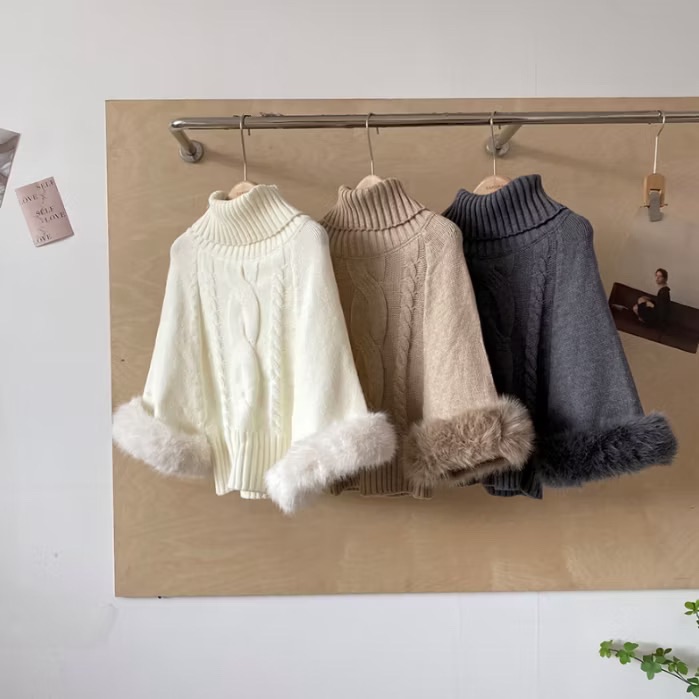 高領袖毛毛斗篷針織衫 秋冬新款韓系INS休閒百搭一字領長袖坑條麻花針織上衣 套頭上衣 針織毛衣女【2675