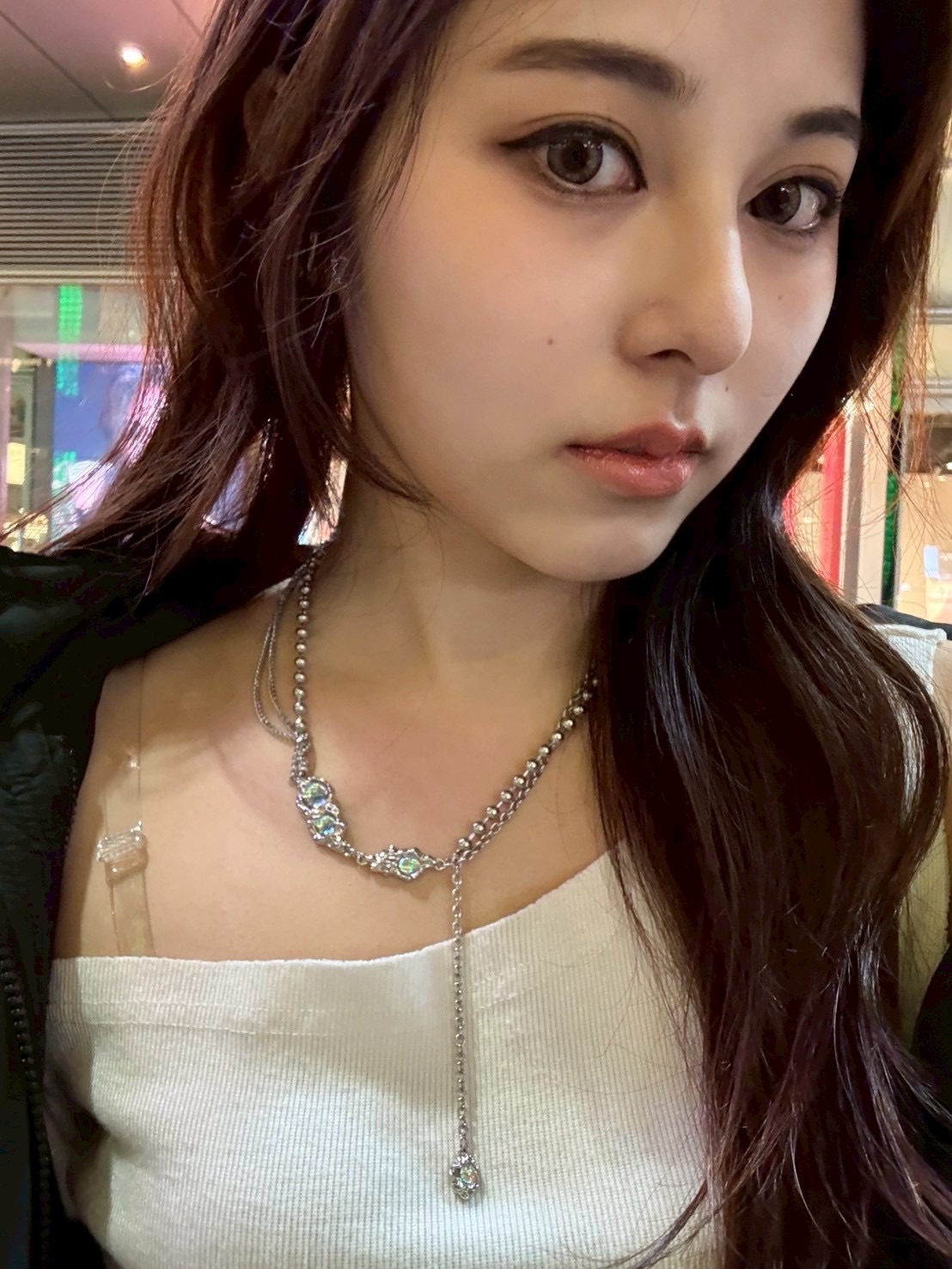 【極光幻境】 液態金屬感月光石 Y字鍊 / 甜酷風長