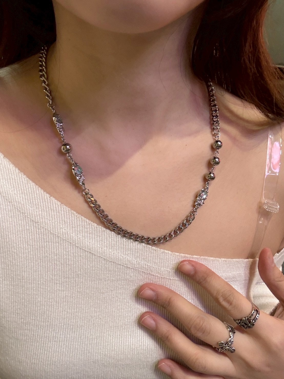 【機械幻象】 月光石拼接古巴鍊 / 液態金屬感粗鍊感頸鍊