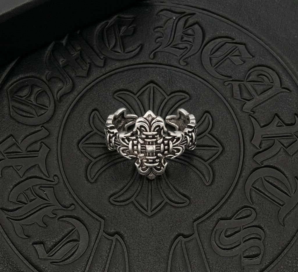 經典雙花十字架純銀戒指 / 鳶尾花復古開口戒