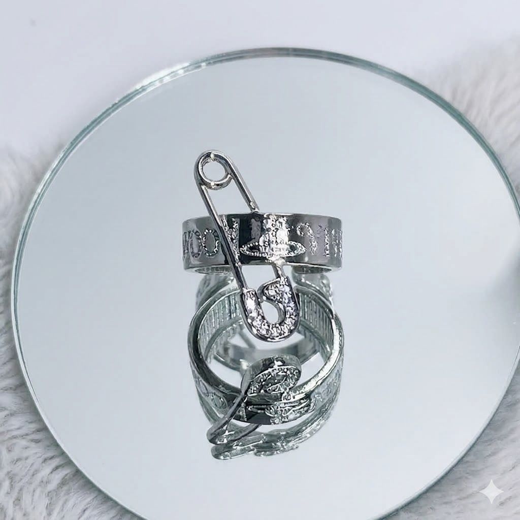 龐克別針土星戒指 / 土星環雕字寬版戒