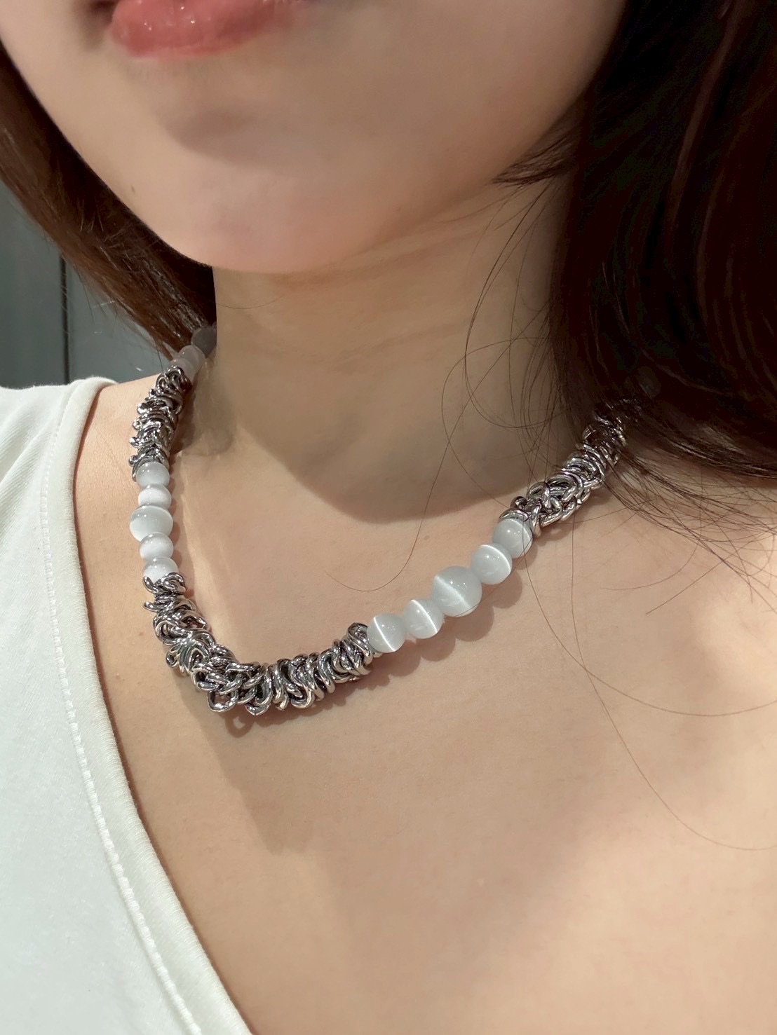 金屬編織拼接貓眼石項鍊