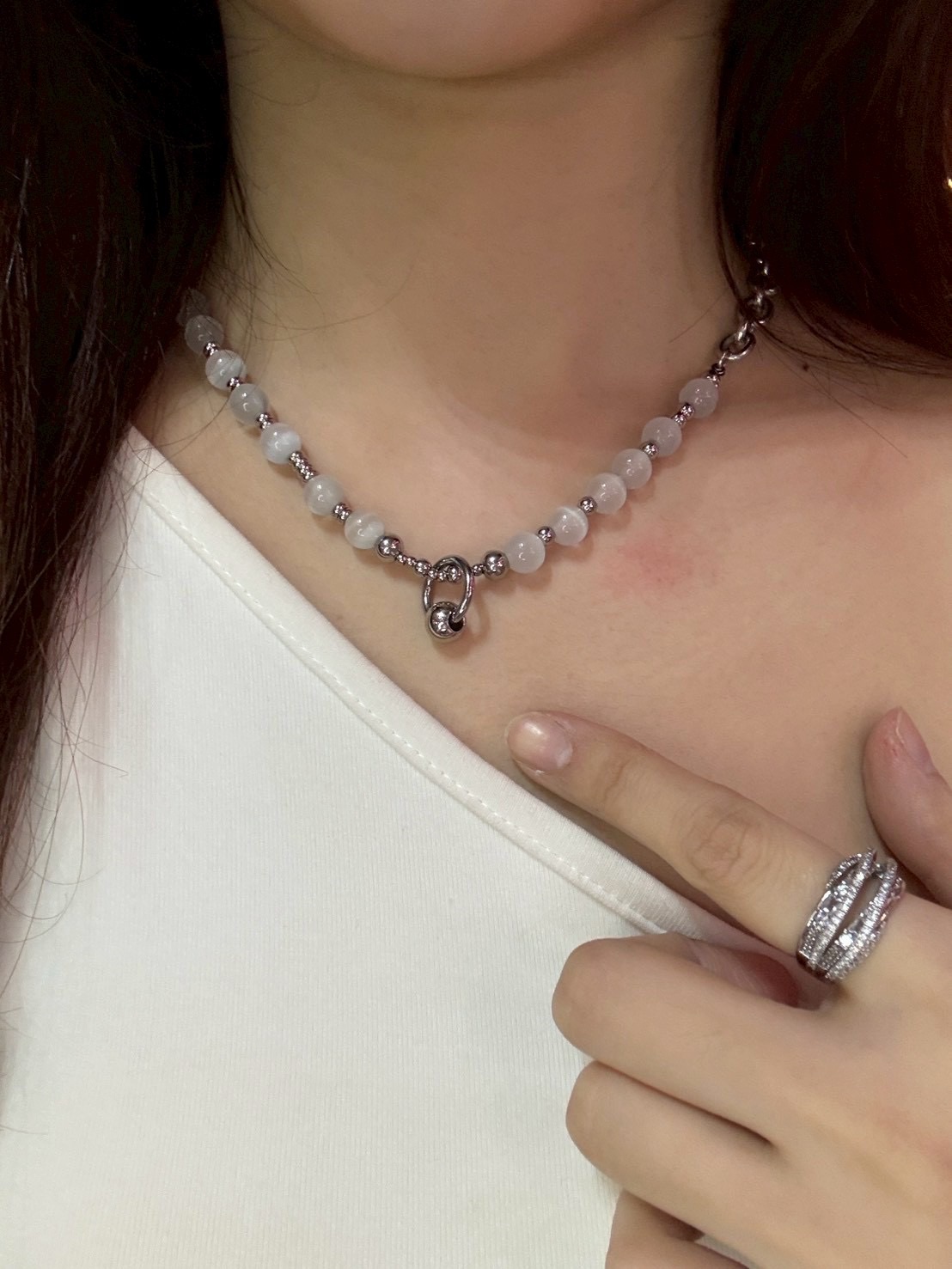 貓眼石拼接拼接項鍊工業風圓環球型吊墜