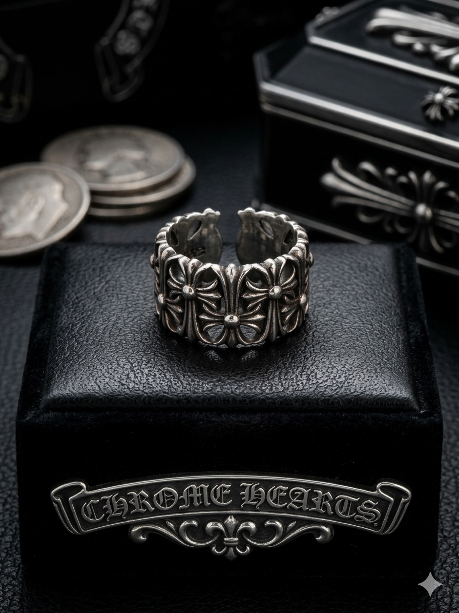 復古工藝｜墓葬鏤空十字花軍團寬版開口戒