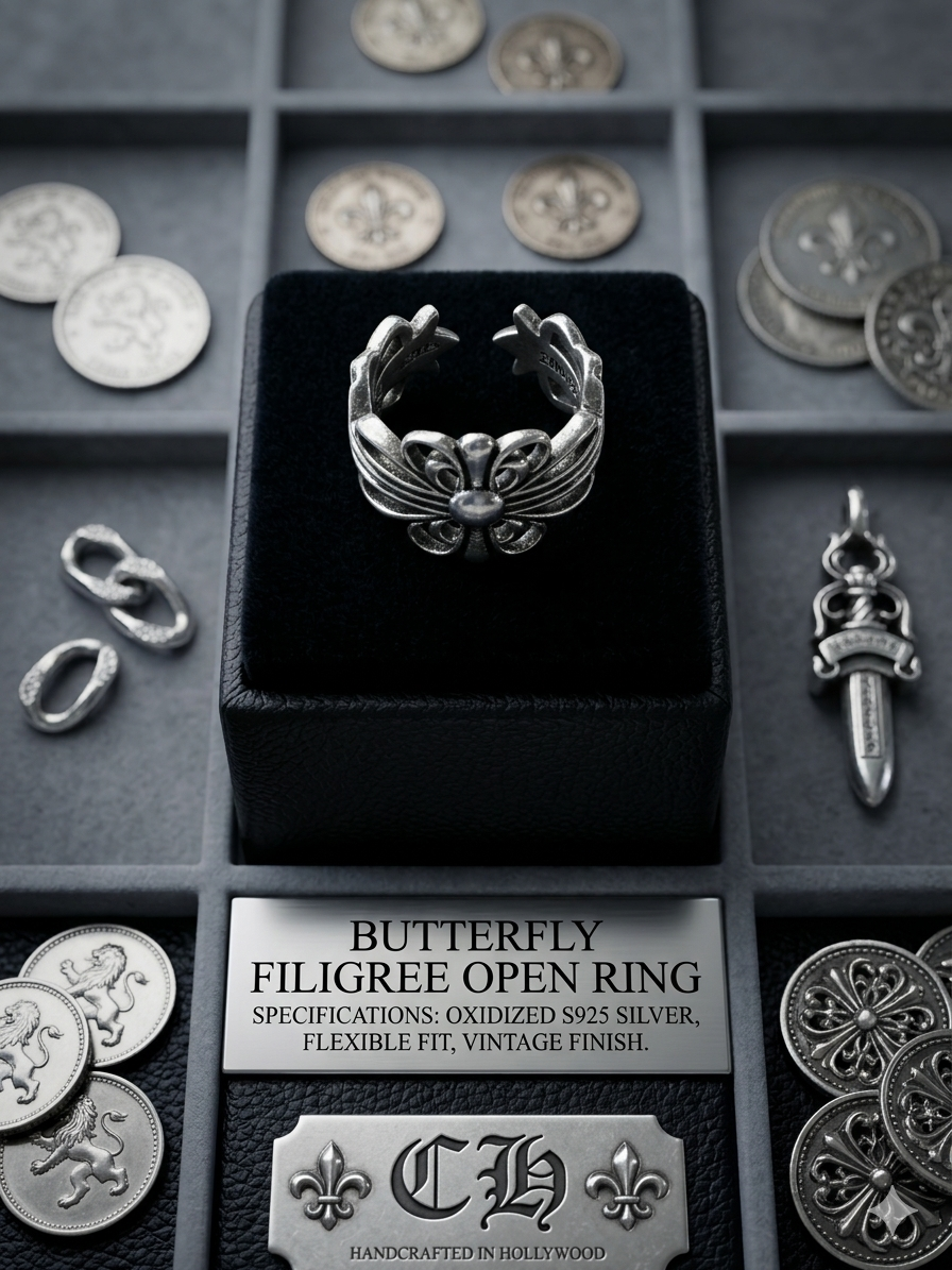 復古工藝 暗黑蝴蝶羽翼泰銀開口戒