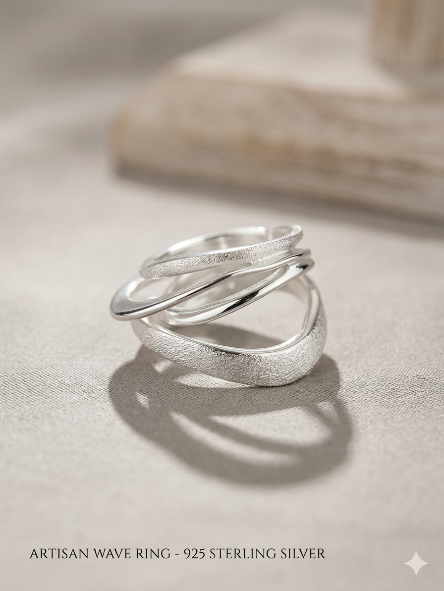 幻光流線．極簡美學莫比烏斯環磨砂交織雙層雙環相扣磨砂開口戒