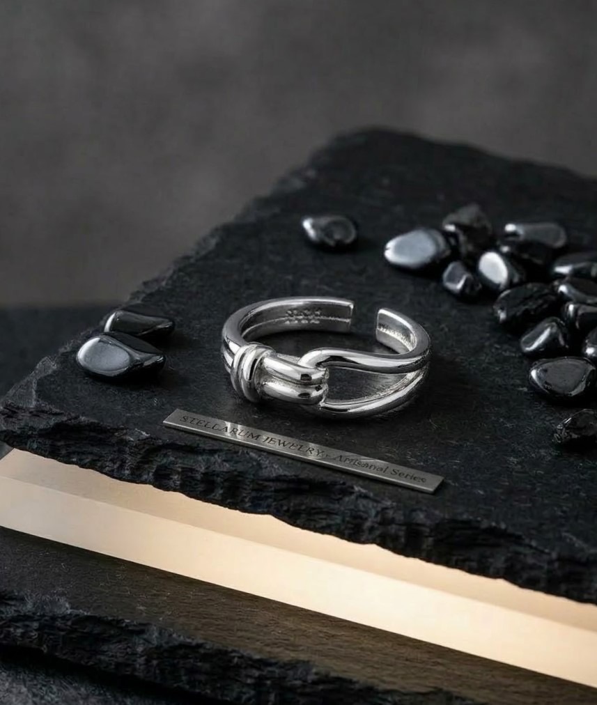 匠心系列 · 雙軌環扣連結銀戒雙線纏繞打結設計戒指