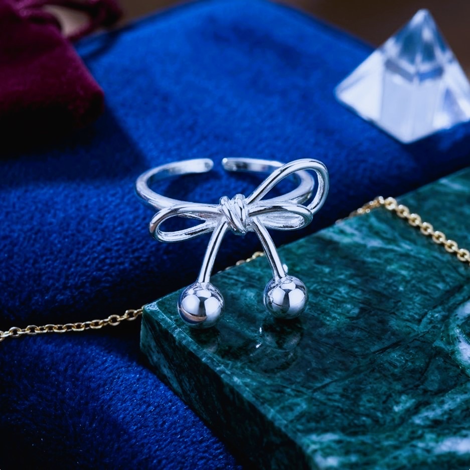 Flowing Ribbon｜流線絲帶墜珠 925 純銀開口戒