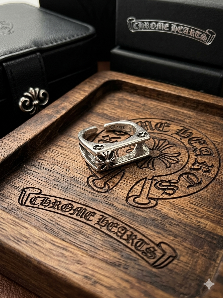 復古泰銀十字花雙層鏤方形開口戒指