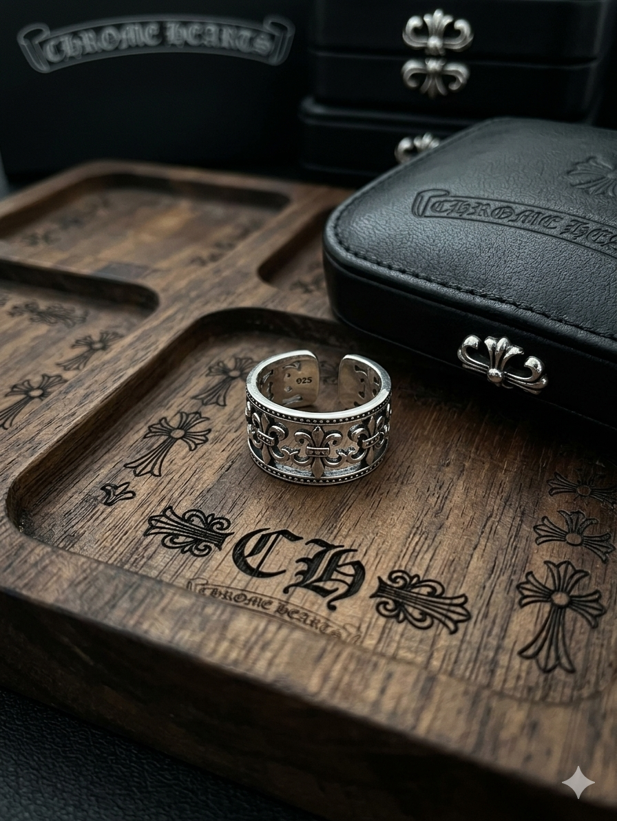 經典百合花（Fleur-de-lis）純銀鏤空雕花開口戒指