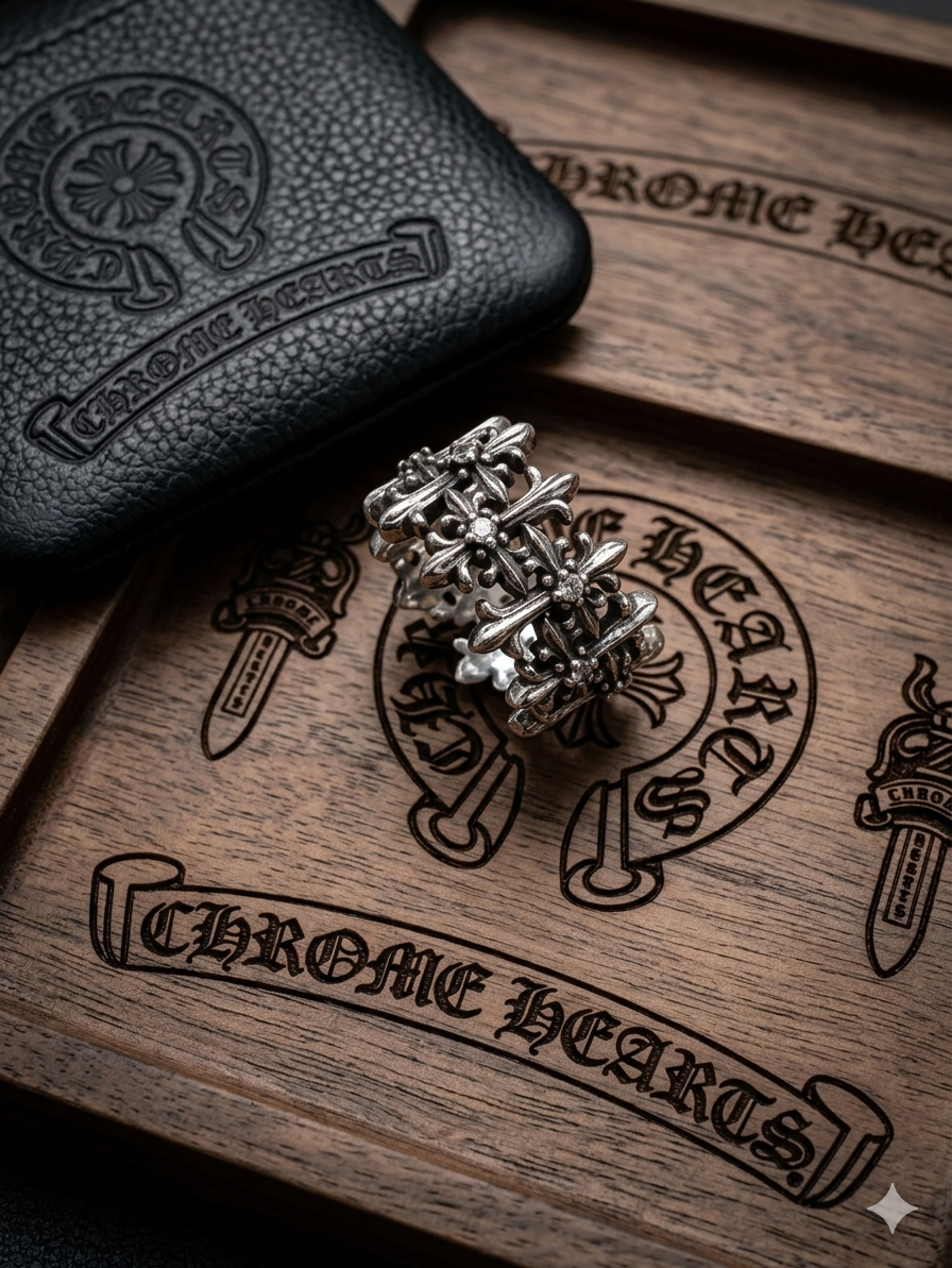 經典十字百合花鏤空三連純銀戒指