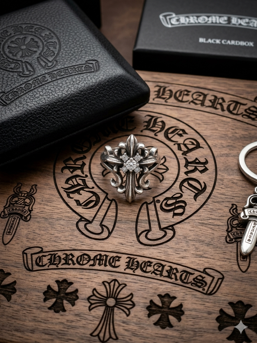 暗黑十字風復古泰銀立體百合十字鑲鑽大戒