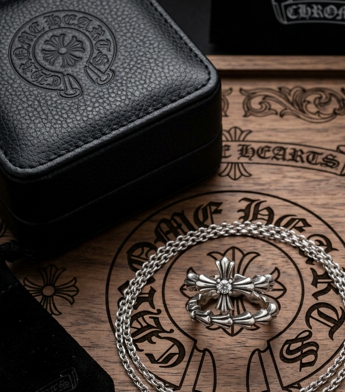 暗黑十字百合鏤空三連純銀戒指