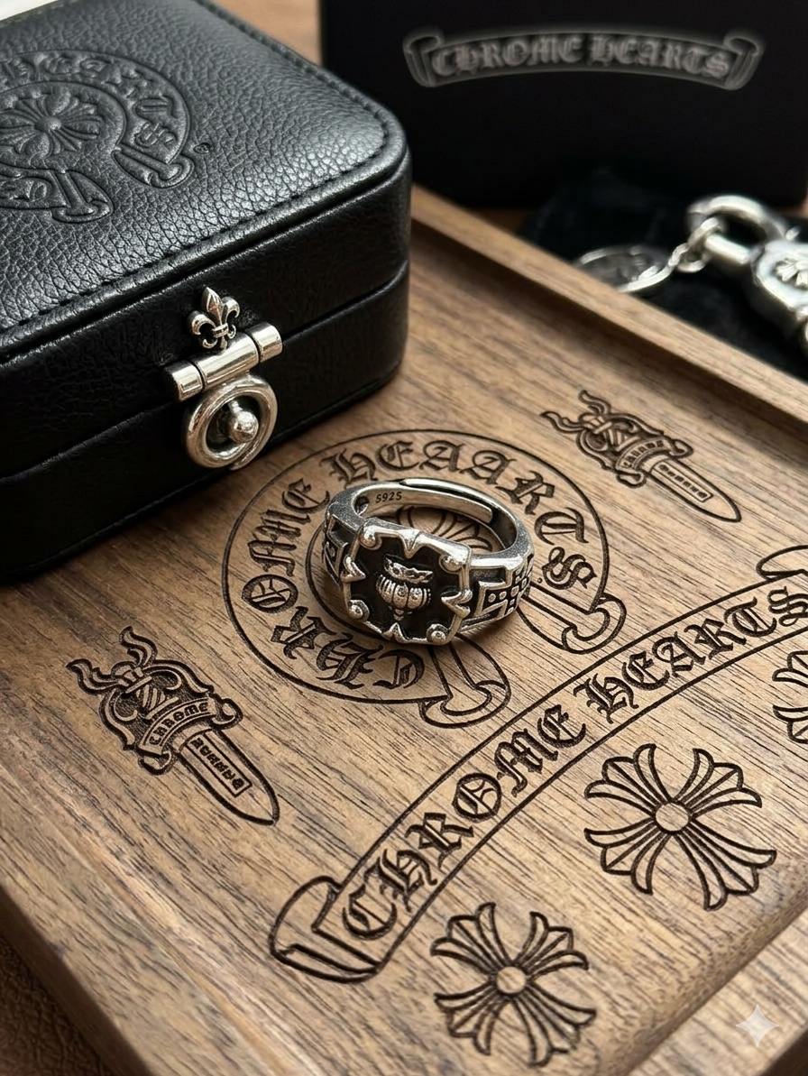 經典十字百合（Fleur-de-lis）純銀黑琺瑯印章開口戒指