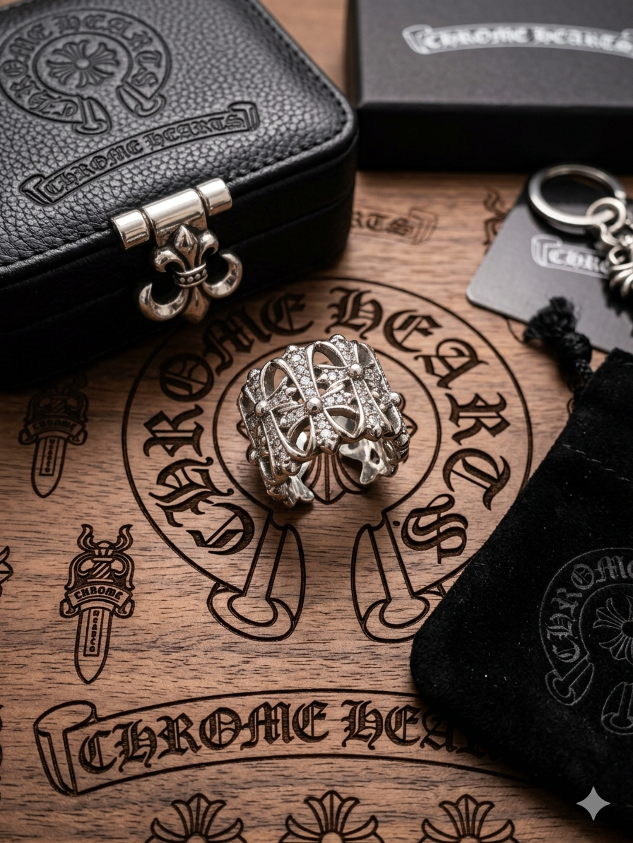 墓葬風復古泰銀奢華滿鑽十字鏤空寬版開口戒指