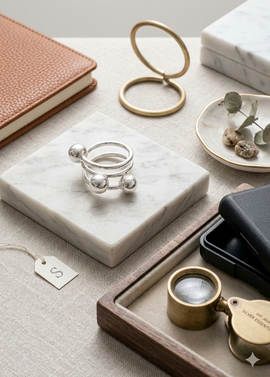 純銀極簡幾何流線三圈圓珠開口戒指