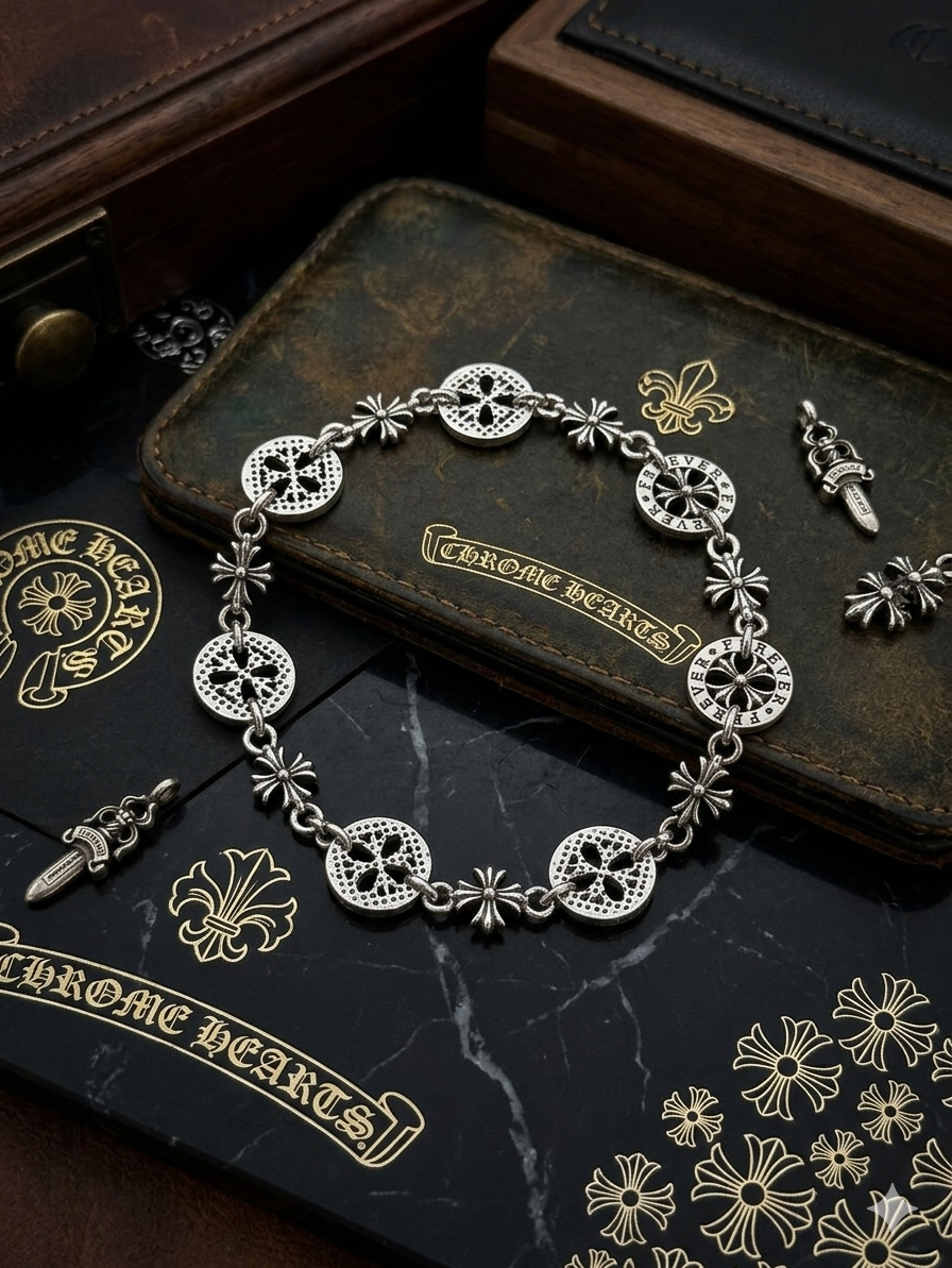 復古工藝 鈦鋼鏤空圓菊十字花 手鍊