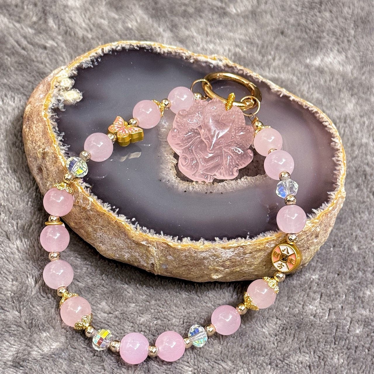 粉水晶 九尾狐 手機掛鍊