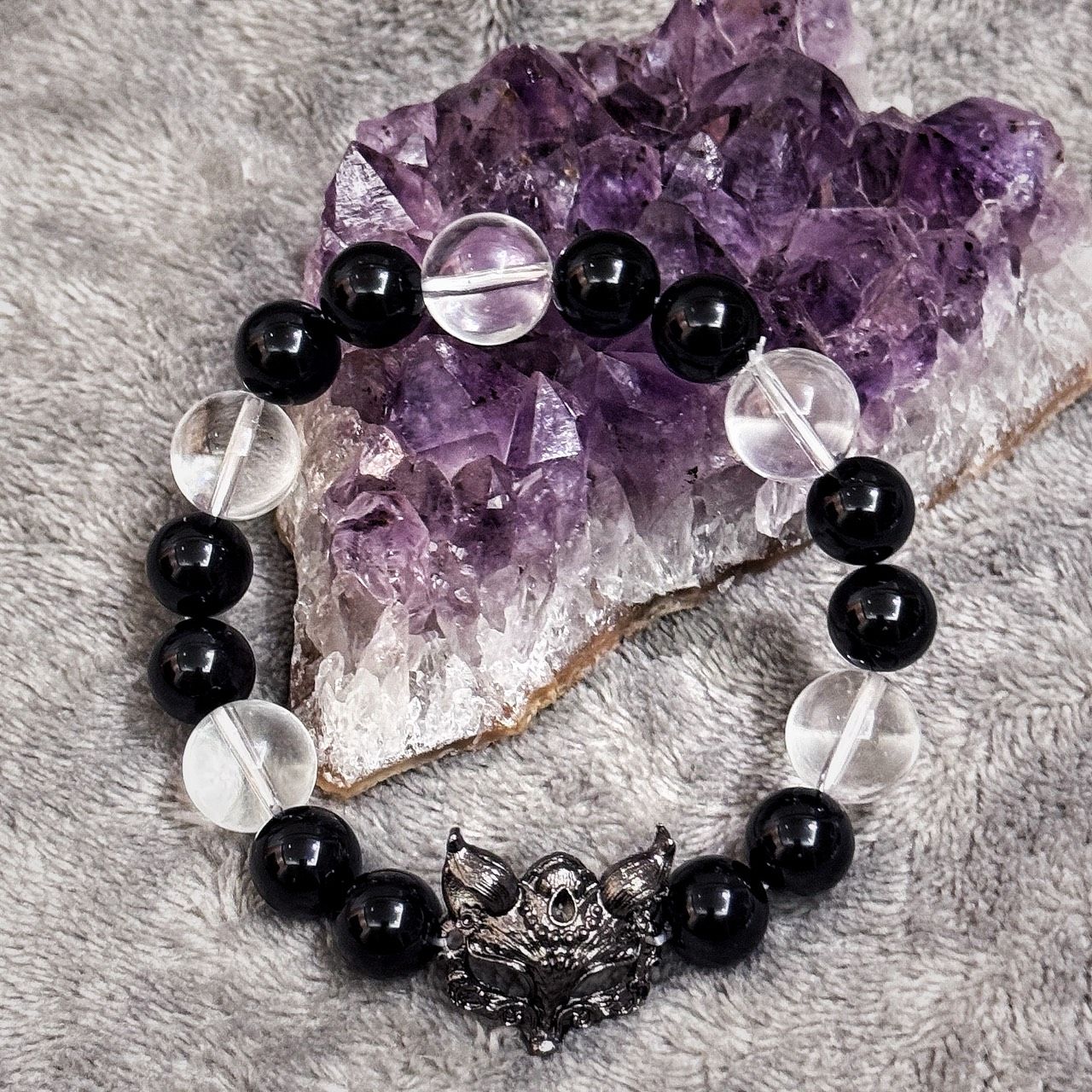 太極九尾狐 黑曜石 白水晶 手鍊 水晶手串