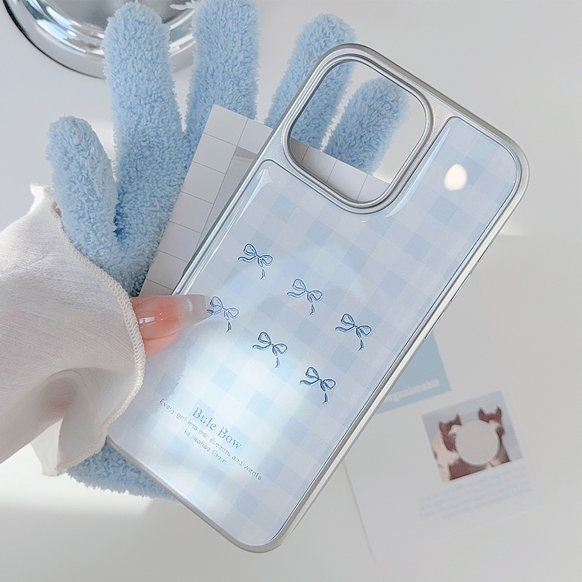 11 p.m.| 質感格紋奶藍鎏金蝴蝶結 電鍍銀邊 iPhone手機殼（11-17，plus/air）