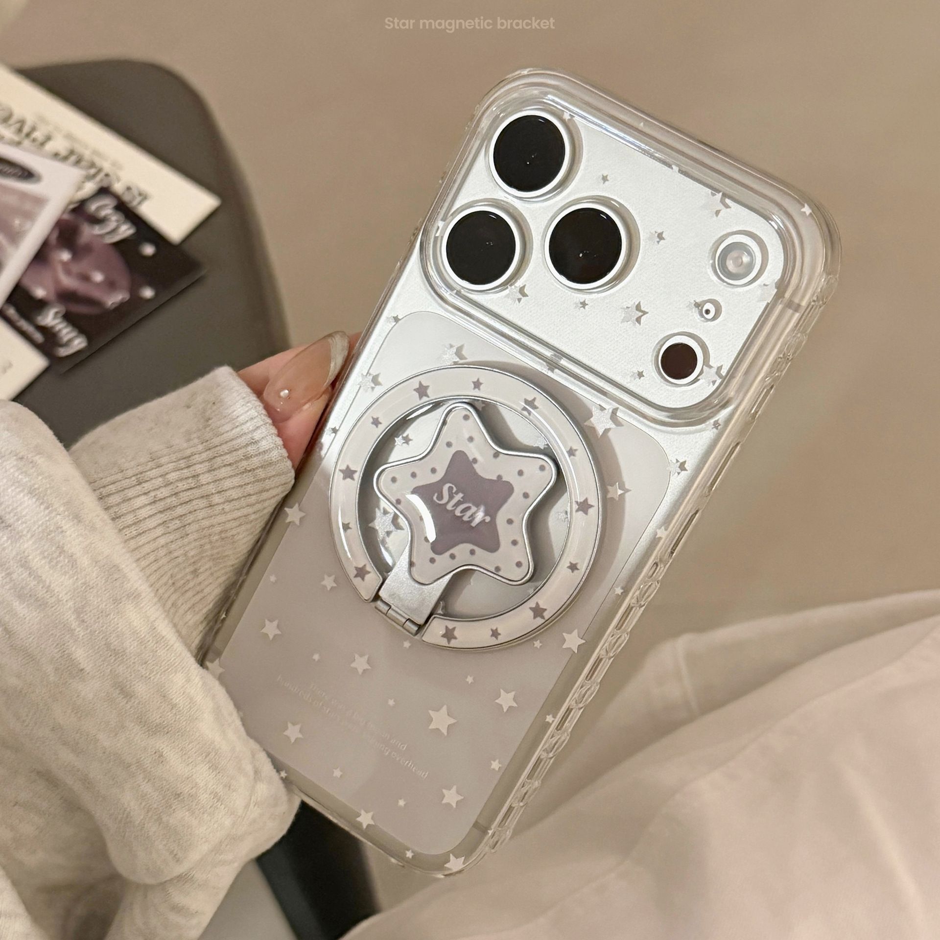 11 p.m.| ins透明滿版白色星星 灰白星星金屬磁吸支架 iPhone手機殼（11-18）